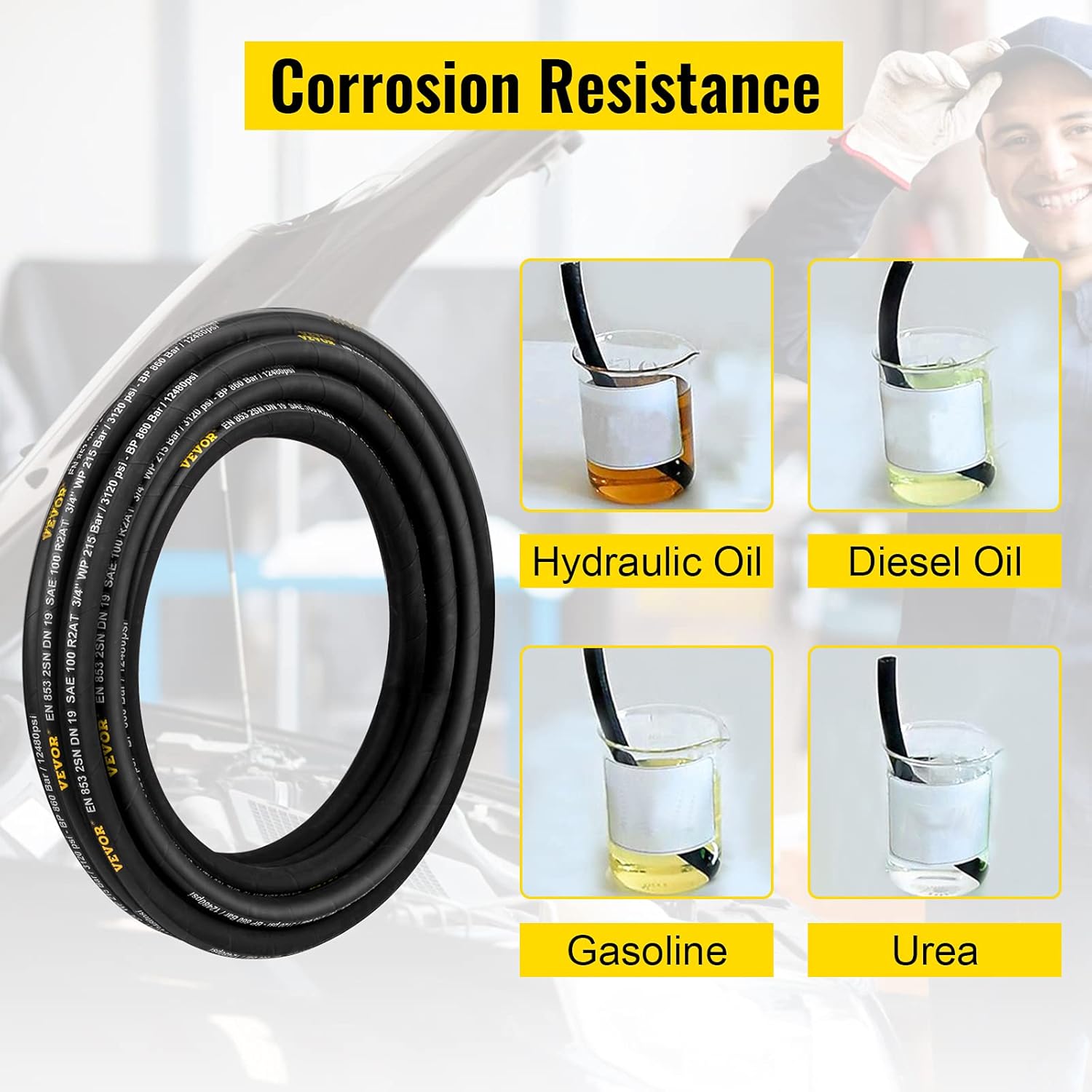 VEVOR Hydraulic Hose 1/4 inch x 100 ft, Coiled Hydraulic Hose 5800 PSI, Rubber Hydraulic Hose with 2 High-Tensile Steel Wire Braid, Bulk Hydraulic Hose -20℃ to 140℃, Hydraulic Oil Flexible Hose Pack of 2