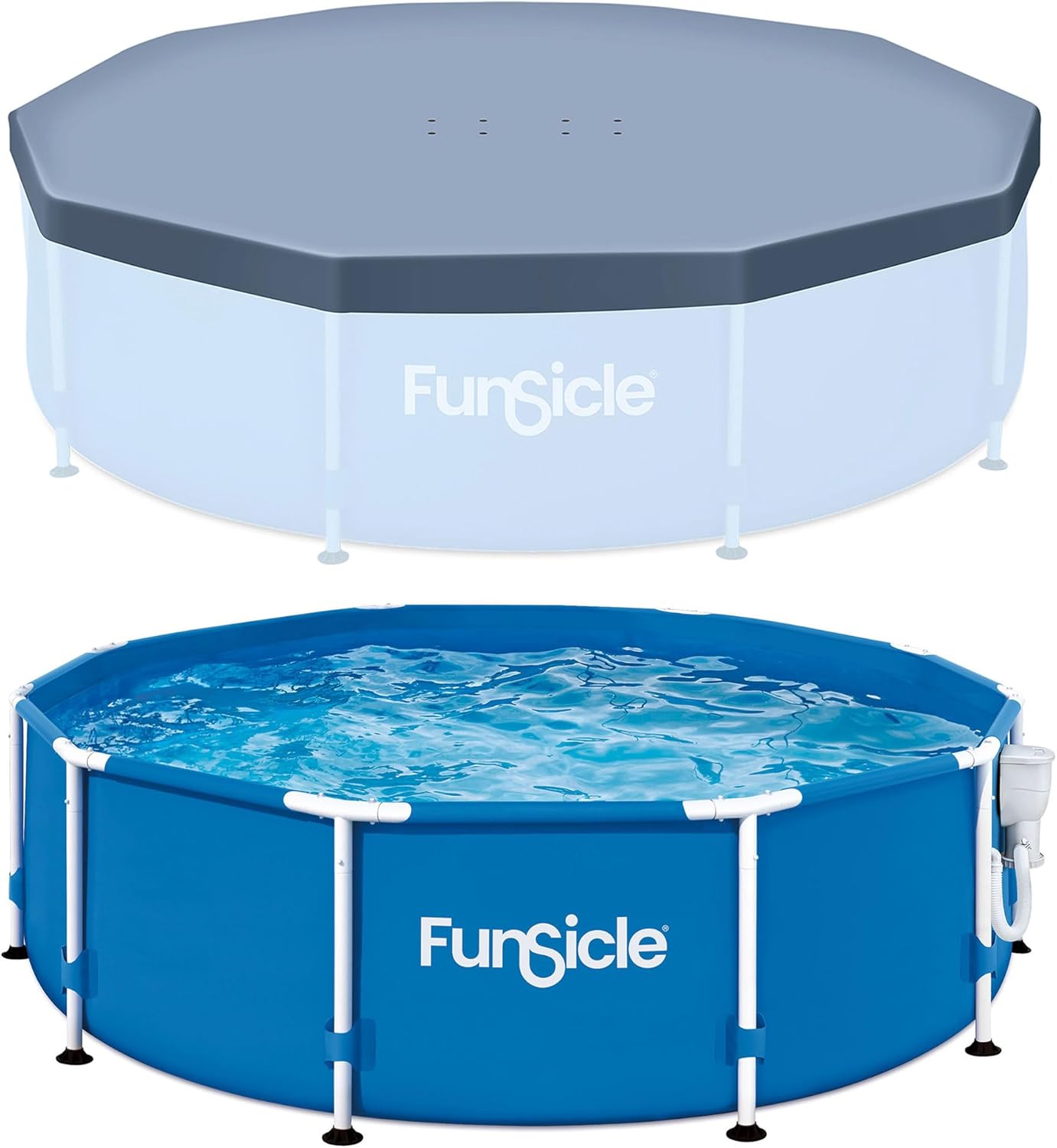 Funsicle 10' x 30" Outdoor Activity Round Metal Frame Above Ground Swimming Pool Set with 10' Secure Debris Pool Cover & SkimmerPlus Filter Pump, Blue