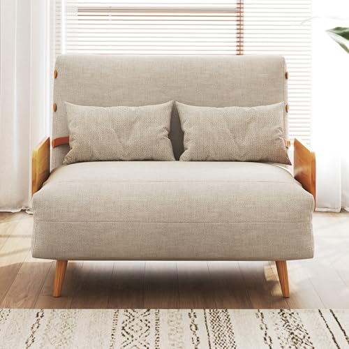 3-in-1 Convertible Chair Bed Sleeper for Adults, Linen Convertable Sleeper Chair with Wooden Arms & Pillows, Foldable Single Futon Sofa Bed (Mid Century with Walnut Arm, 36.6" Wide)