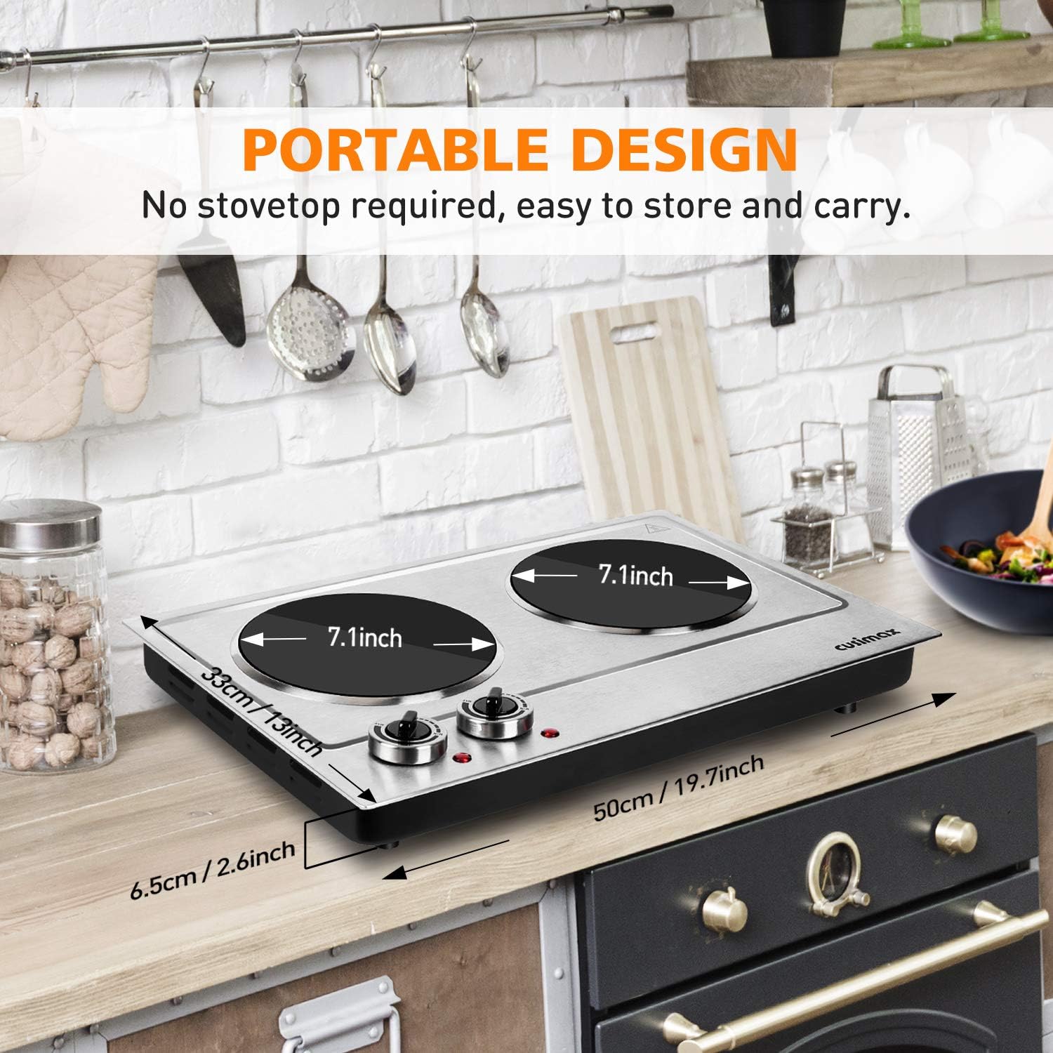 Cusimax Hot Plate Electric Burner Single Burner Cast Iron hot plates for cooking Portable Burner 1500W with Adjustable Temperature Control Stainless Steel Non-Slip Rubber Feet, Upgraded Version