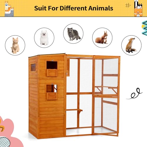 COZIWOW Large Wood Cat Catio, Outdoor Enclosure with Weatherproof Roof, 2 Resting Rooms, 2 Platforms, 4-Tier Cat Playpen, Orange