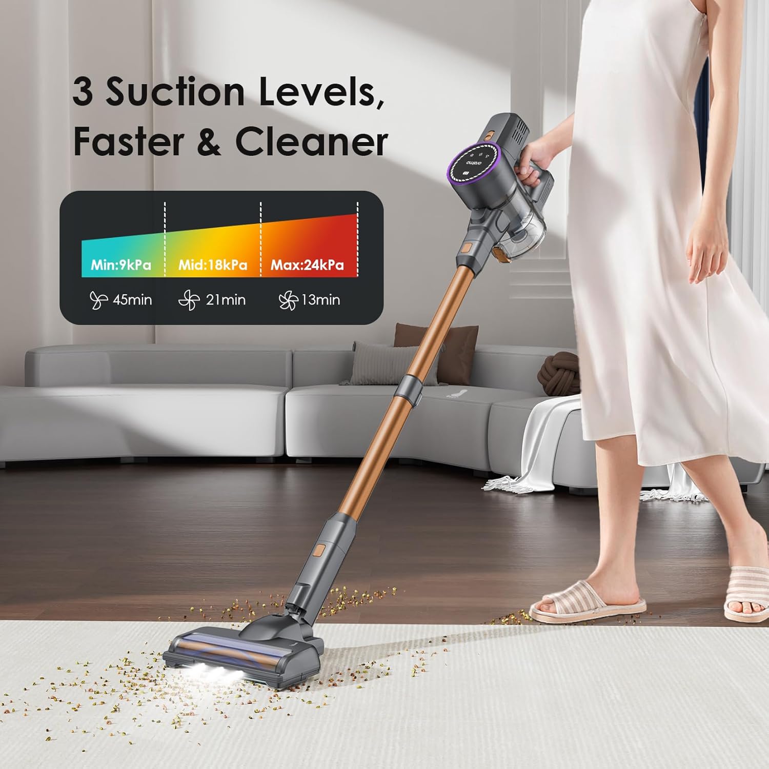 Oraimo Cordless Vacuum, 270W 24Kpa Powerful Stick Vacuum with 45min Detachable Battery,LED Display,Anti-Tangle Vacuum Cleaner for Home, Wireless Vacuum for Pet Hair/Carpet/Hard Floor(Gold)