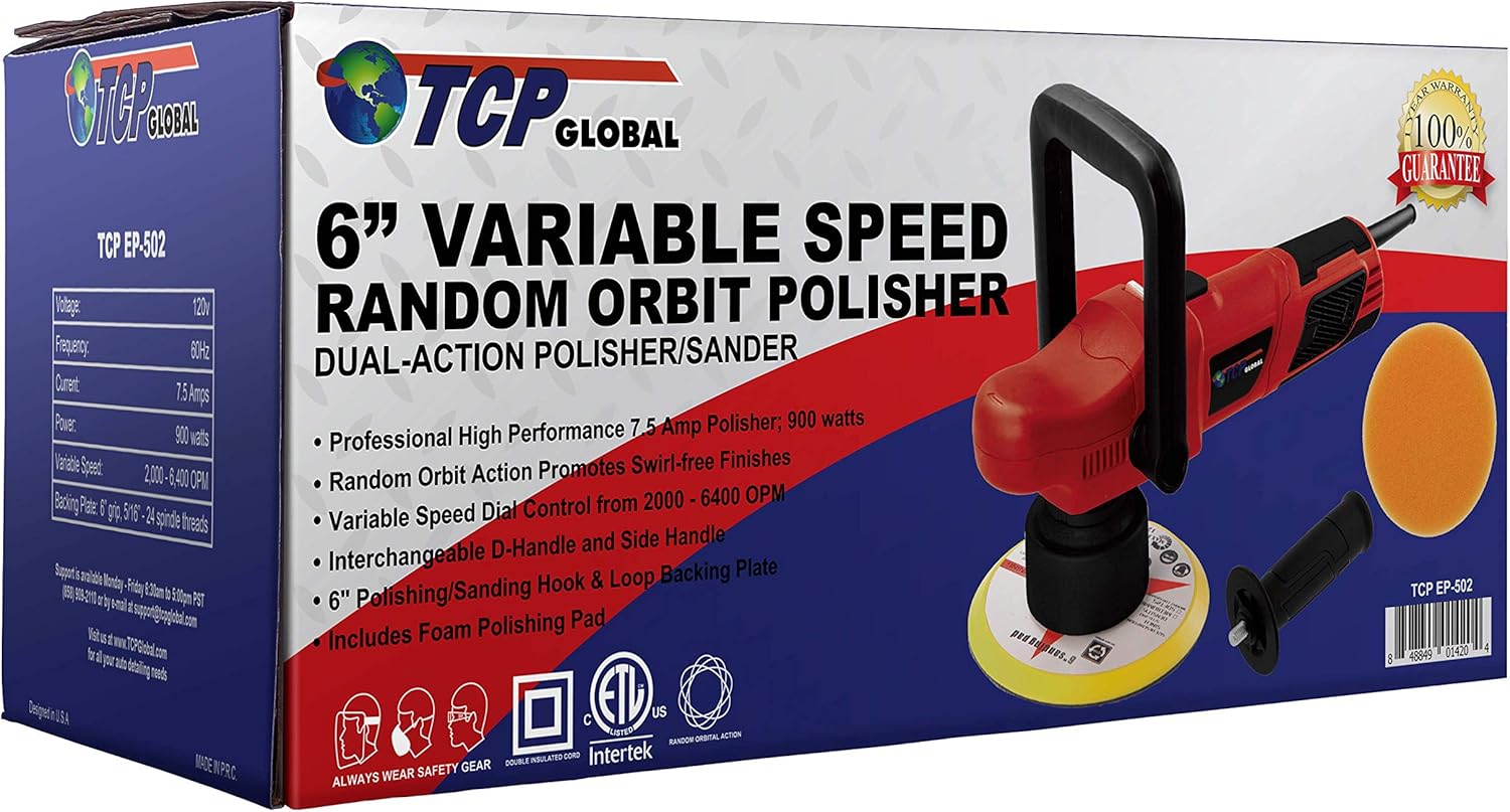 TCP Global Model EP-502-6" Variable Speed Random Orbit Dual-Action Polisher with a 6 Pad (Waffle Foam & Wool) Professional Buffing and Polishing Kit - Buff, Polish & Detail Car Auto Paint