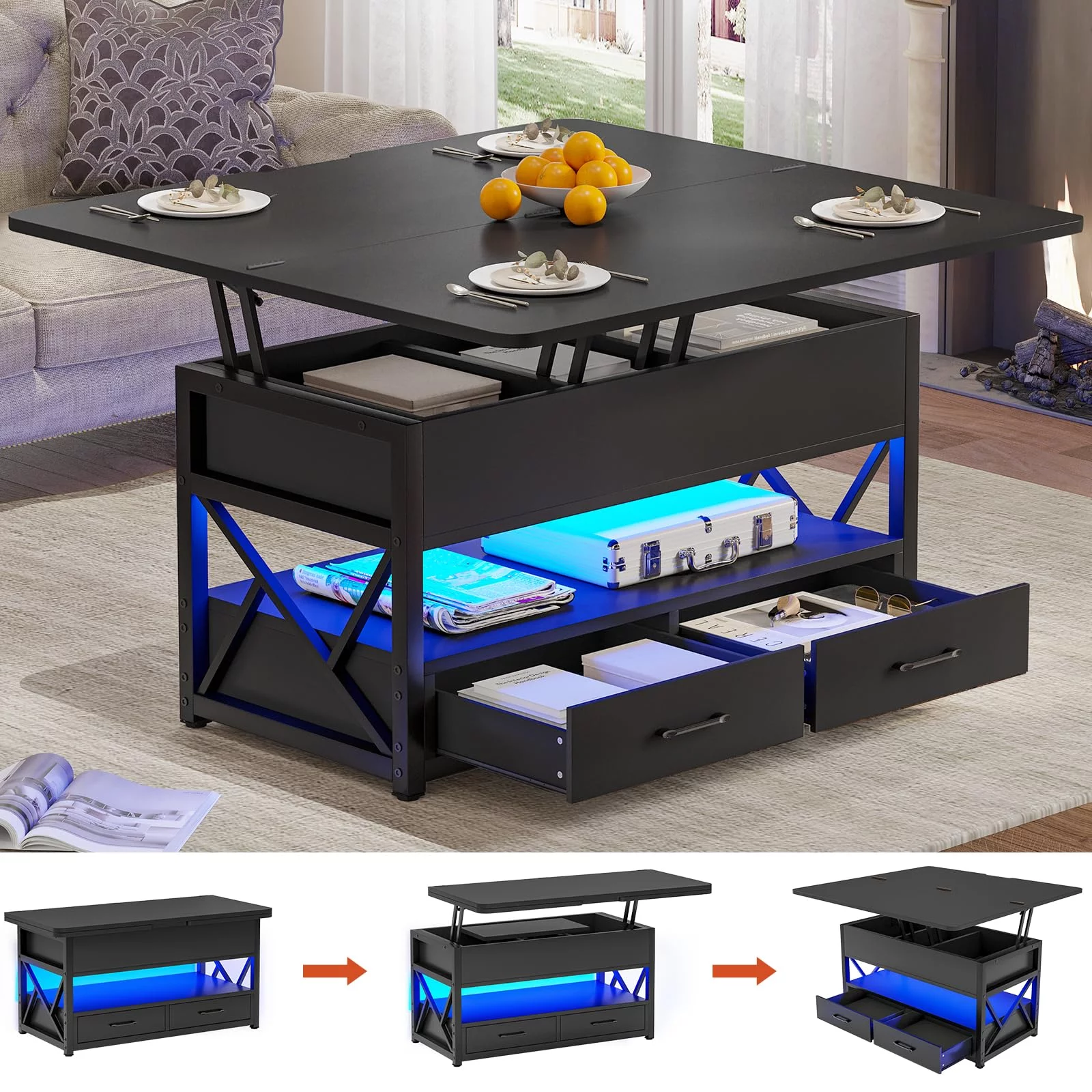 40" Lift Top Coffee Table, Farmhouse Coffee Table with 2 Drawers and LED Light, Black
