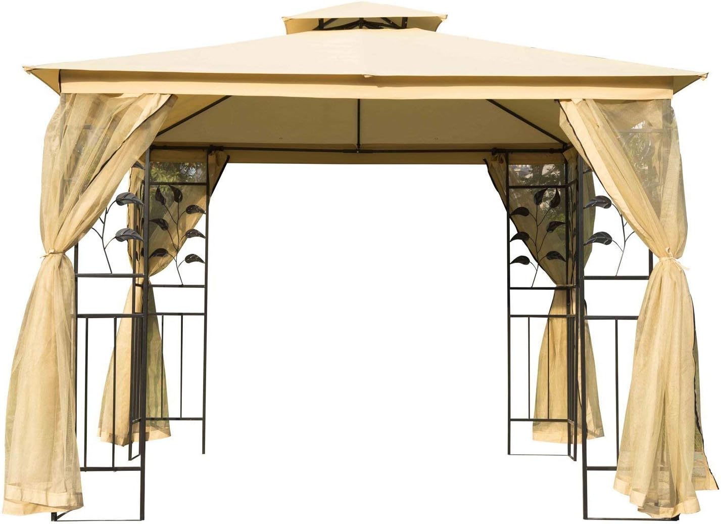 Outsunny 10' x 10' Outdoor Patio Gazebo Canopy with 2-Tier Polyester Roof, Netting, Curtain Sidewalls, and Steel Frame, Grey