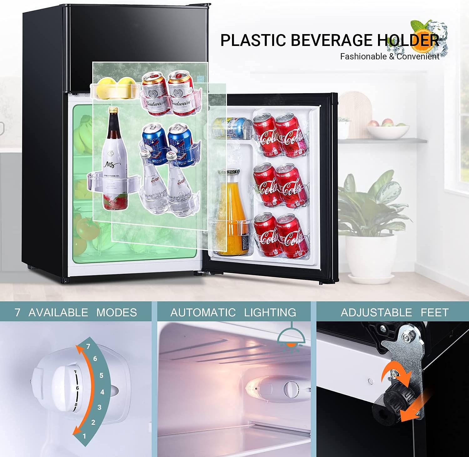 Mini Fridge with Freezer, 3.1 Cu.Ft Refrigerator 2 Doors, Unique Shelf Design, with LED Light, Adjustable Control Thermostat, Small Refrigerator for Bedroom, Office, Dorm, Garage, Black - ‎HPBFR310