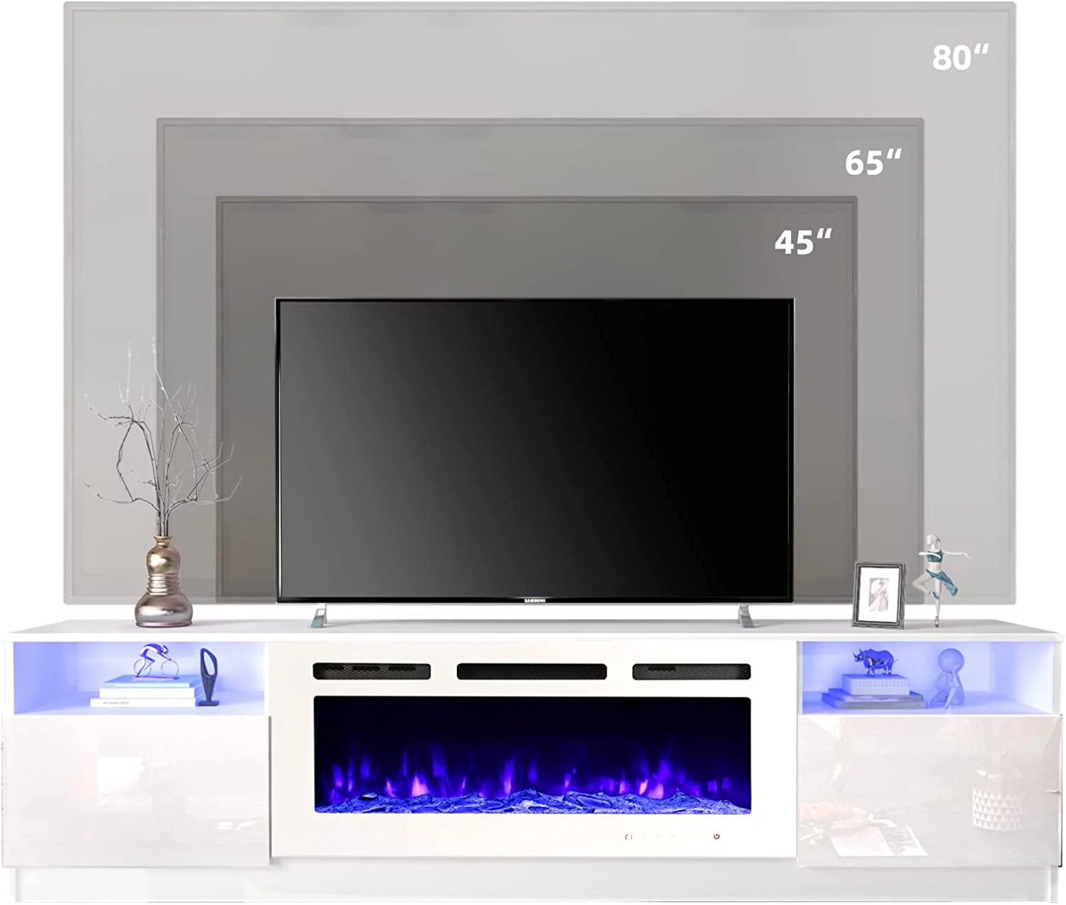 Erinnyees 80'' Fireplace TV Stand with 40'' Electric Fireplace, Entertainment Center with 16 Color Led Lights and 12 Flame Fireplace Insert Heater, TV Console for TVs up to 80'' for Living Room, White