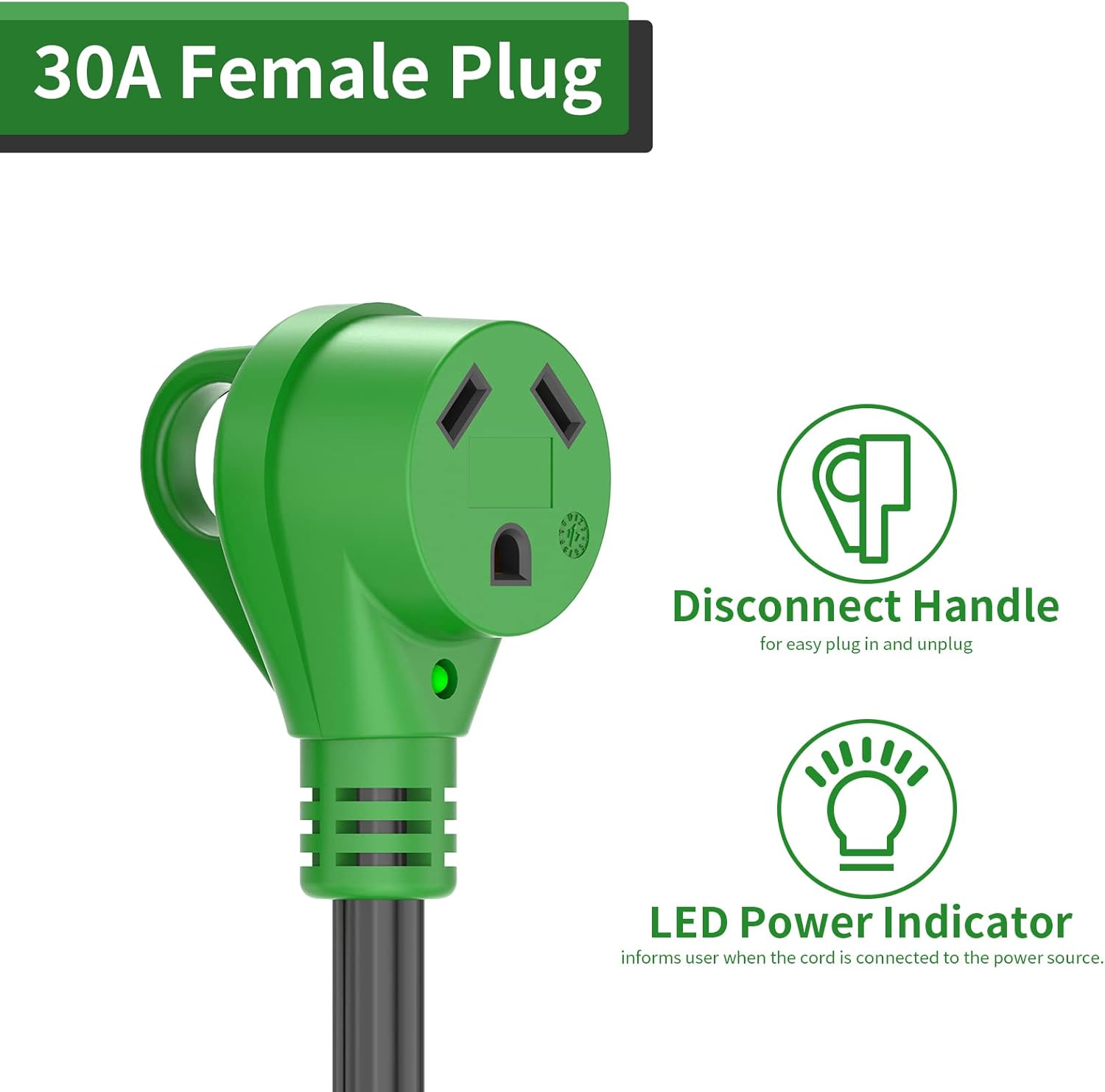 RVGUARD 4 Prong 30 Amp to 30 Amp RV Generator Adapter Cord 12 Inch, STW 10/3, L14-30P Locking Male Plug to TT-30R Female with LED Power Indicator, Green