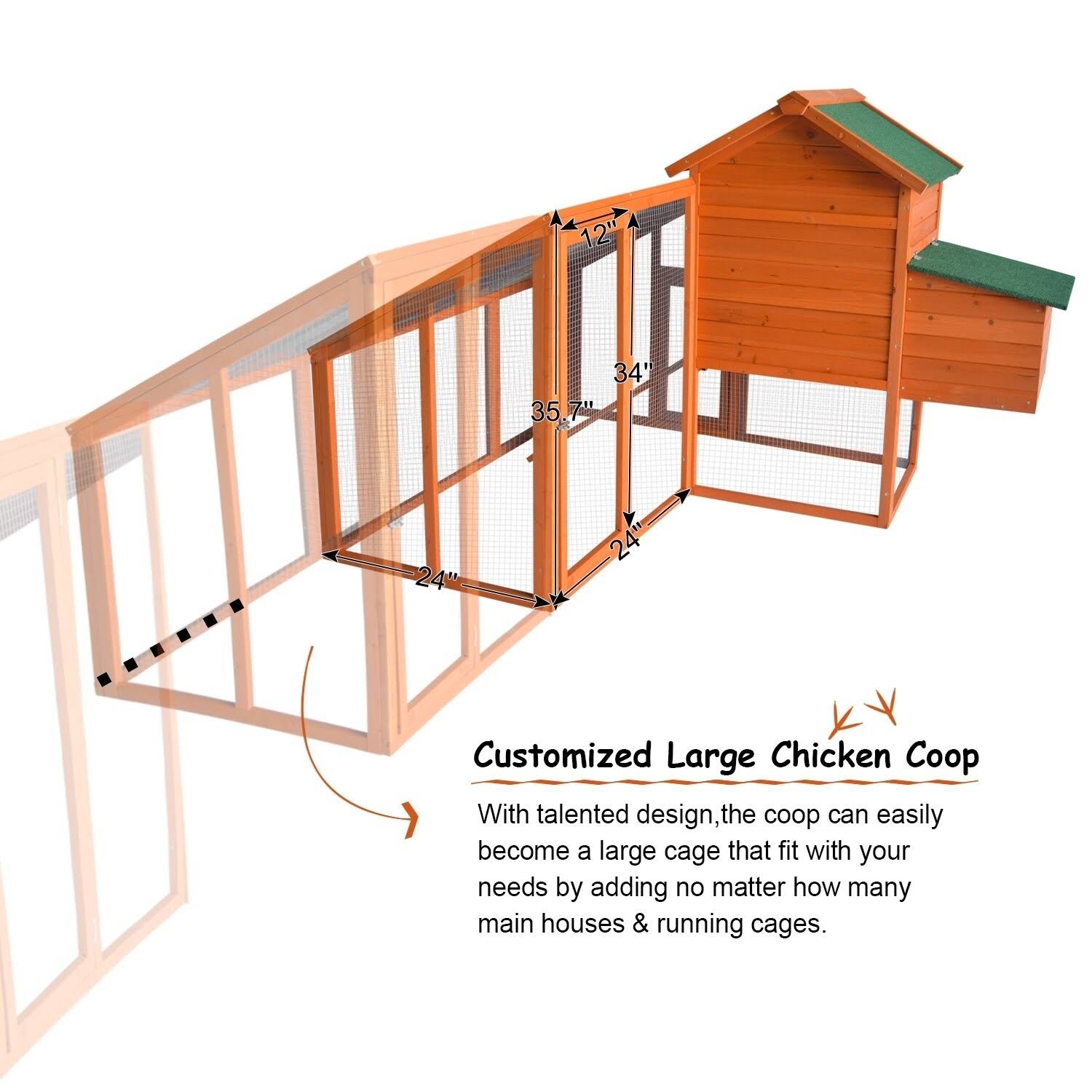 Kinpaw Large Chicken Coop, Wooden Hen House, Customizable Poultry Cage for Small Animals, Bunny Hutch w/ Outdoor Runs - 1pc-outd