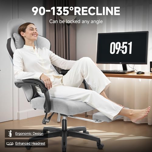 GTPLAYER Office Chair, Gaming Computer Desk Fabric Chair with Footrest, High Back Ergonomic Office Chair with Pocket Spring Lumbar Support and Linkage Armrests Adjustable Height Swivel for Home Task