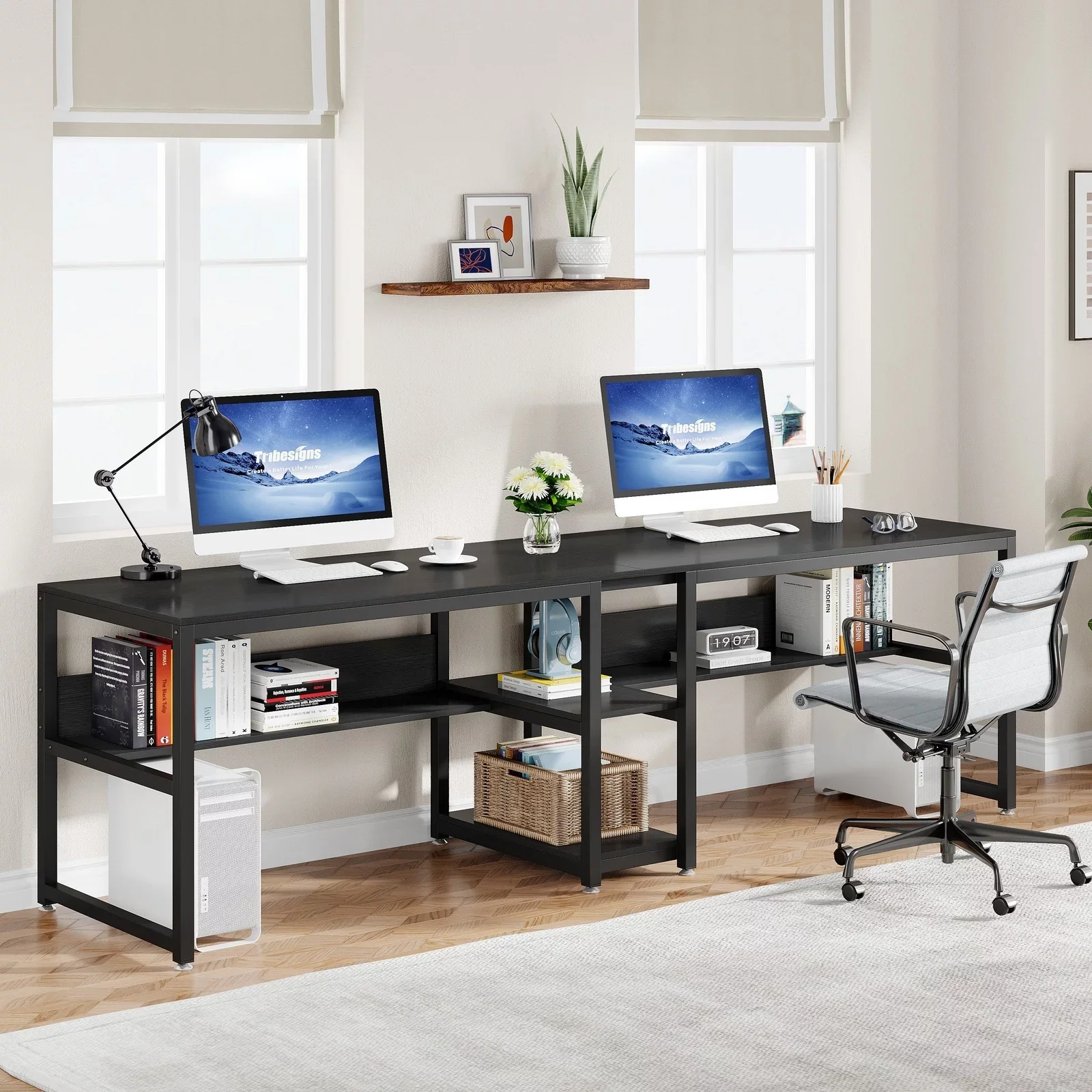 78.7" Computer Double Desk with Bookshelf,Black
