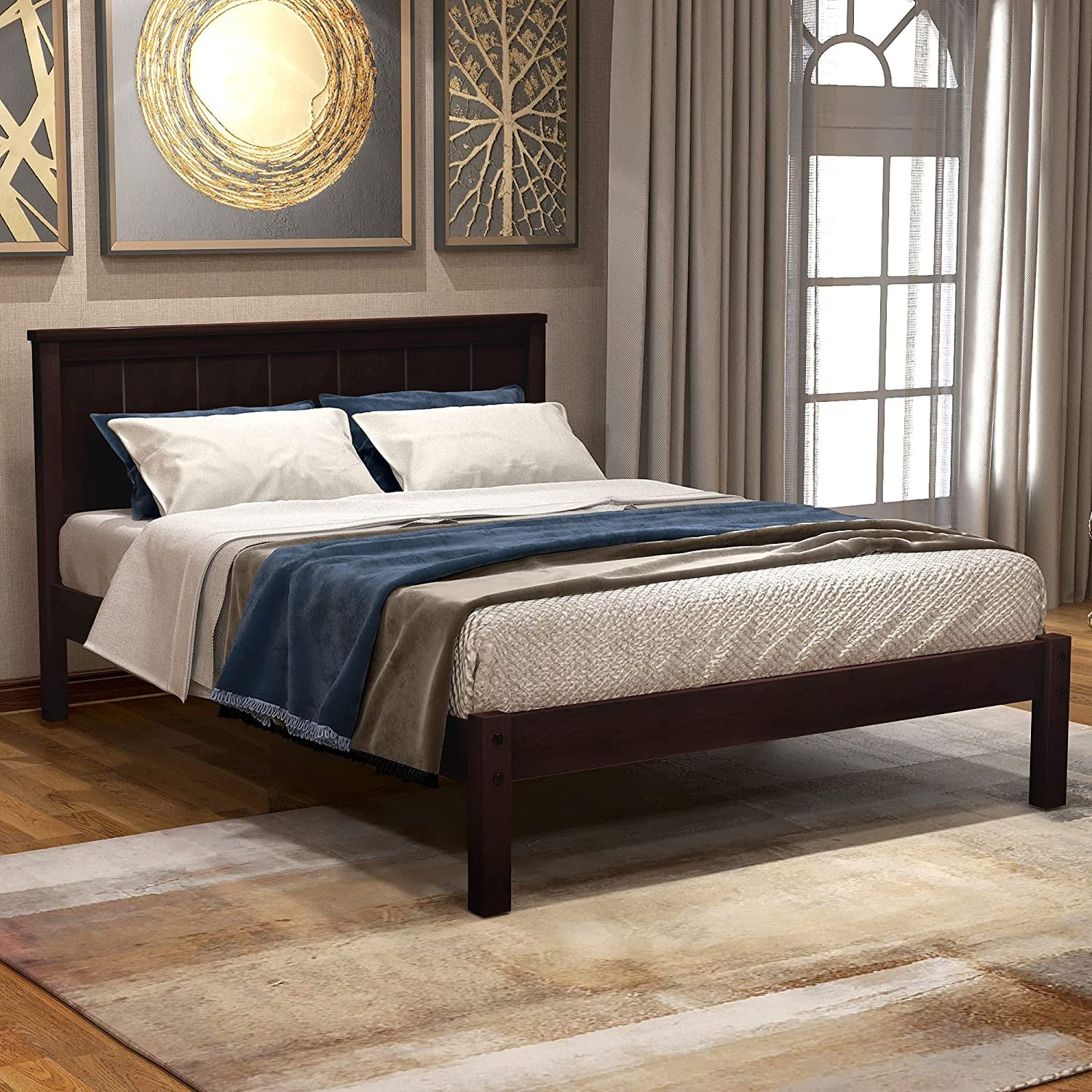Full Size Solid Wood Platform Bed Frame with Headboard and Wooden Slat Support, No Box Spring Needed, Mattress Foundation, Easy Assembly, Espresso
