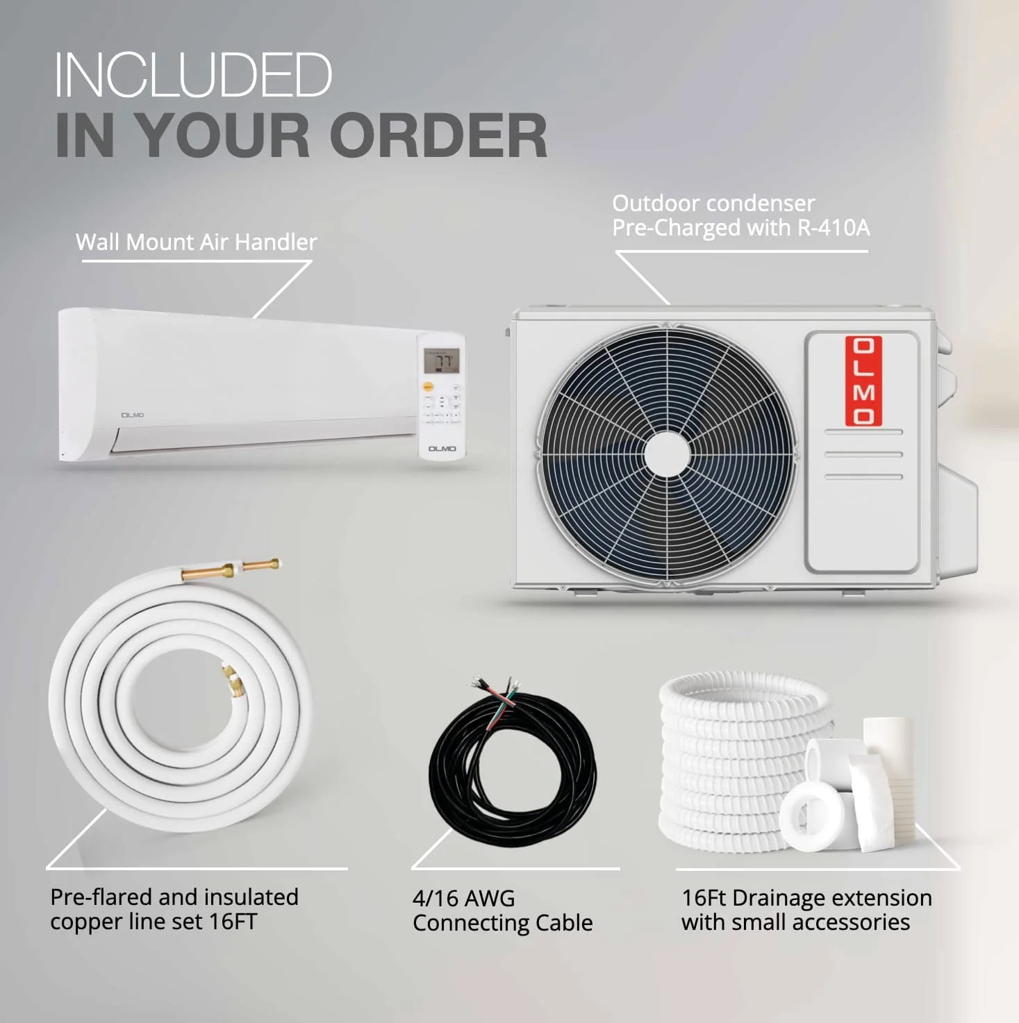 OLMO 9000 BTU 115V Wall Mounted Mini Split Heat Pump Air Conditioner With 16ft Kit Cover 400 Sq Ft