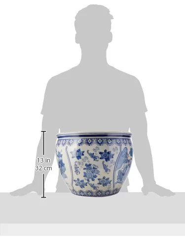 Oriental Furniture 16" Ladies Fishbowl, Blue & White Porcelain