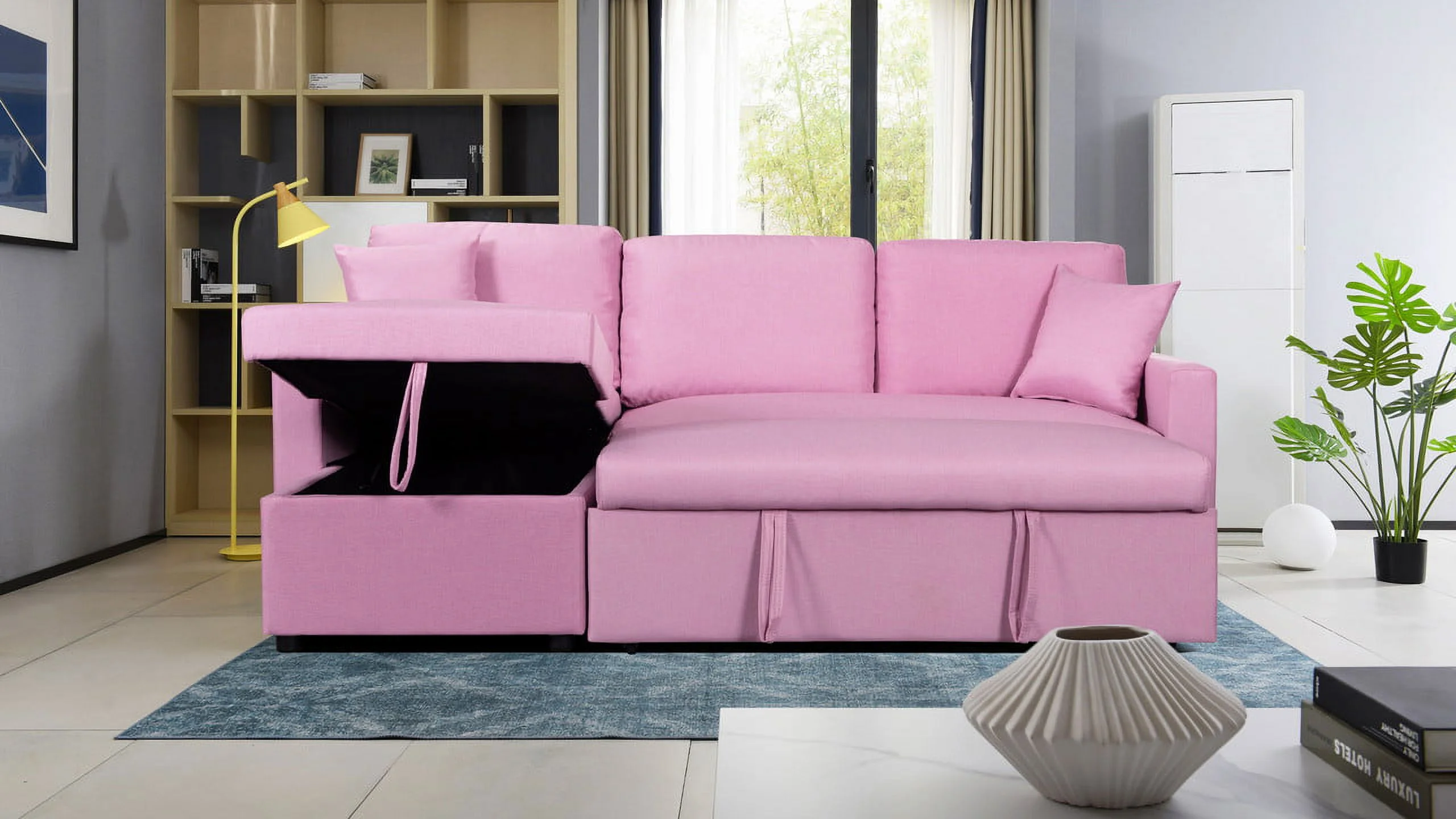 CoSoTower Pink Linen Fabric Reversible Sleeper Sectional Sofa with Storage Chaise