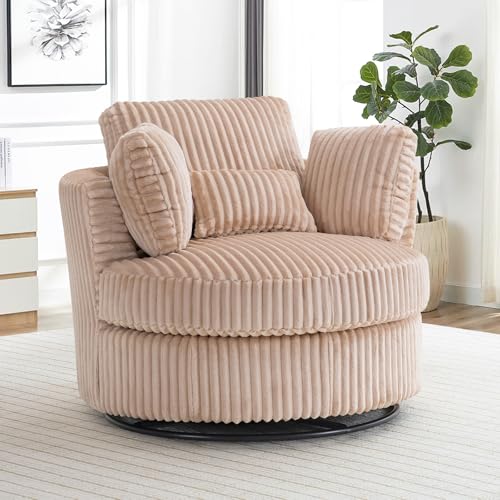 Chair and A Half with Ottoman, 360° Swivel Accent Barrel Chair Modern Comfy Round Reading Sofa Swivel Chairs Circle Lounge Chair for Bedroom Living Room w/4 Pillow Lower Seating Heigh (White, Large)