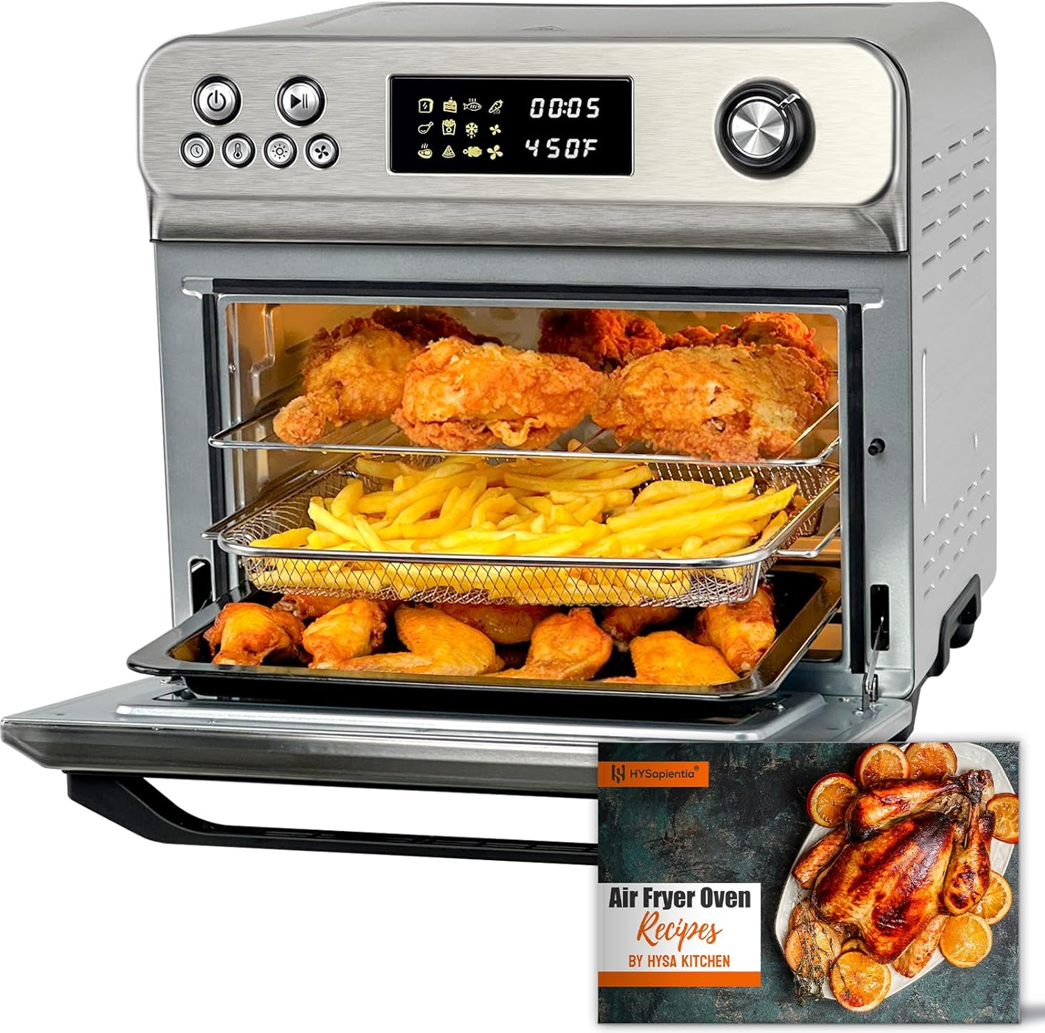 HYSapientia Air Fryer Oven Combo, 26Quart 10-in-1 Large Toaster Oven Combo with LED Display Knob Control, Stainless Steel 1800W with Full Accessory Set