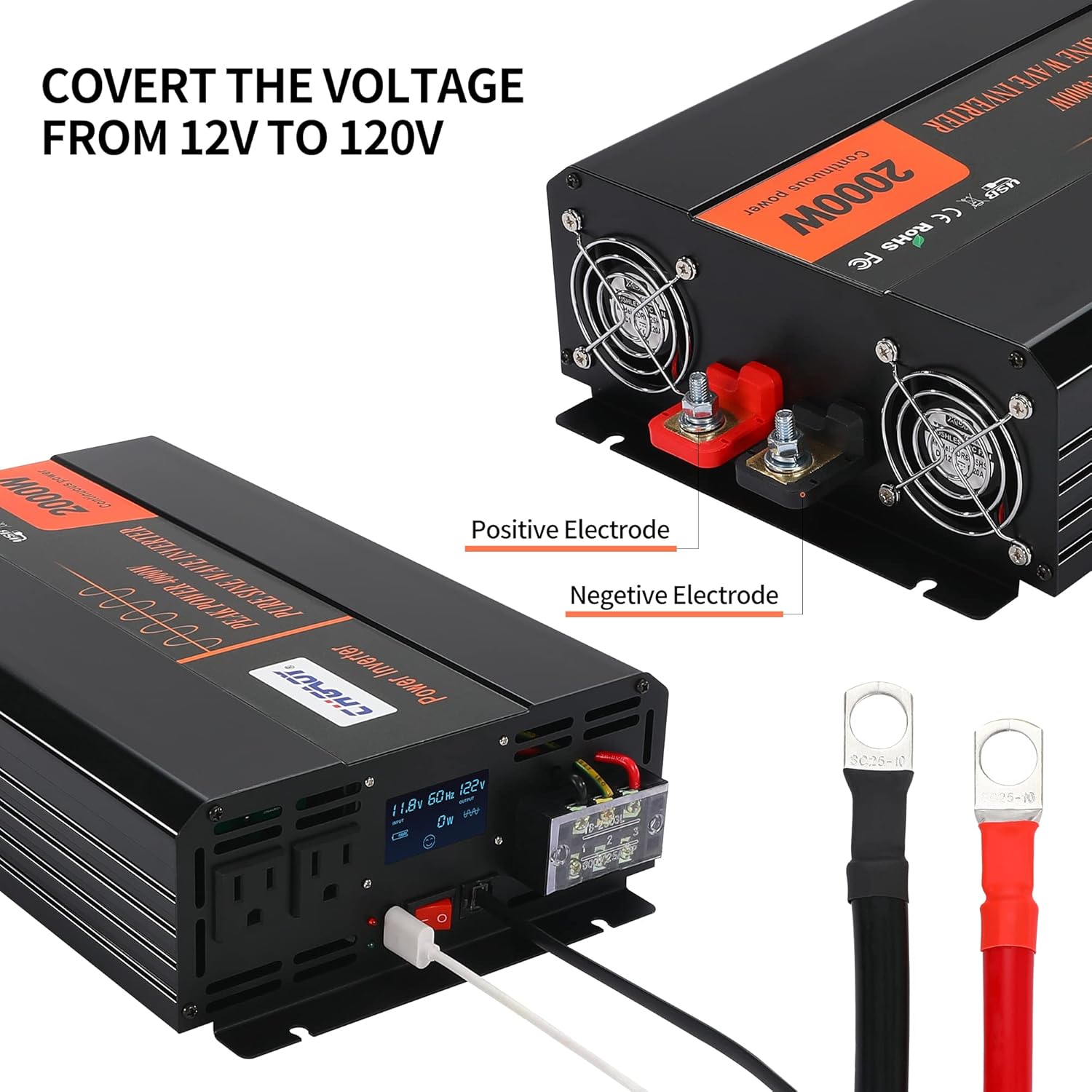 Power Inverter, 2000W Pure Sine Wave Inverter DC 12V to AC 120V Car Inverter with LCD Digital Display Remote Control USB Port Power Converter for Travel/Camping