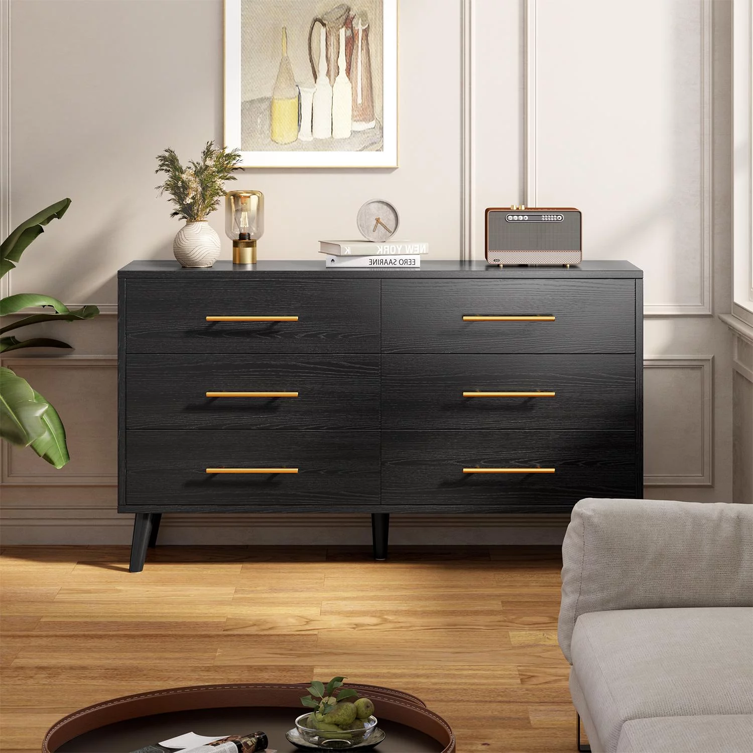 Dresser for Bedroom,Black Dresser with 6 Drawers, Wide Chest of Drawers with Gold Handles