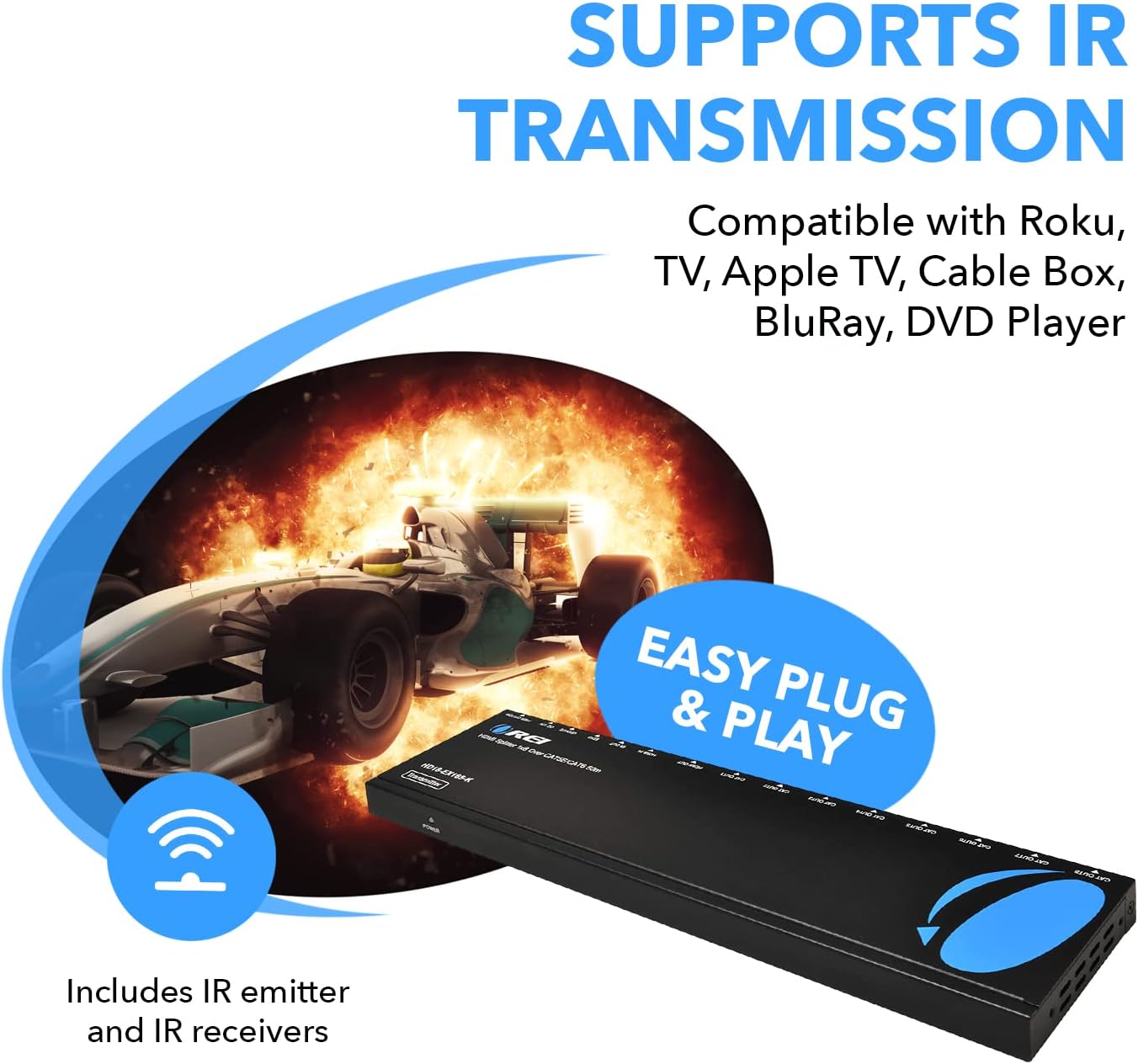 OREI 1x8 HDMI Extender Splitter Multiple Over Single Cable CAT6/7 1080P with IR Remote EDID Management - Up to 165 Ft - Loop Out - Low Latency - Full Support