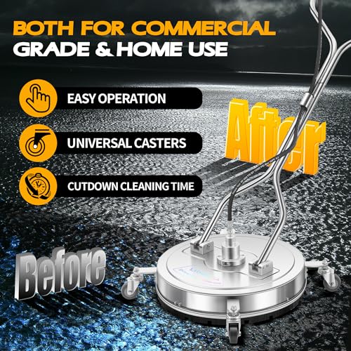 Pressure Washer Surface Cleaner with 4 Wheels - Stainless Steel Surface Cleaner for Pressure Washer Attachment for Concrete, Driveway, Patio, Sidewalk, Deck and Driveways