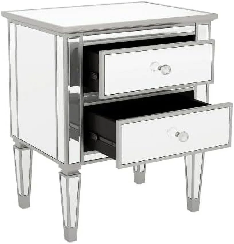Mirrored Nightstand with 2 Drawers  Accent Side Table with Crystal Knobs  Modern End Table  Silver Finished Nightstand for Bedroom  Living Room
