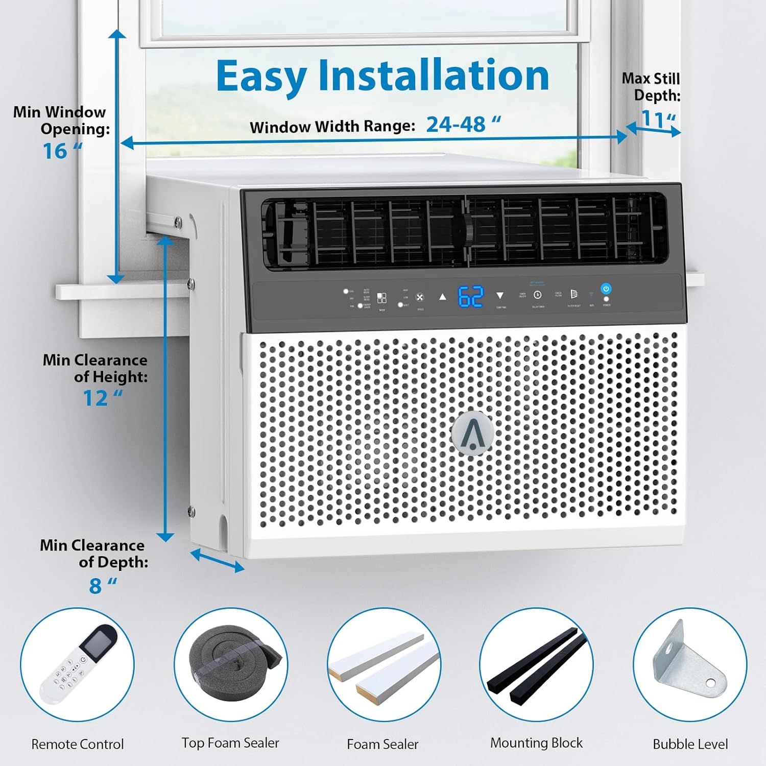 6000BTU Window Air Conditioners with Remote Control & WiFi, Air Conditioner Window with Washable Filter, Ultra Quiet Energy-Efficient Cooling, Window Installation Kit