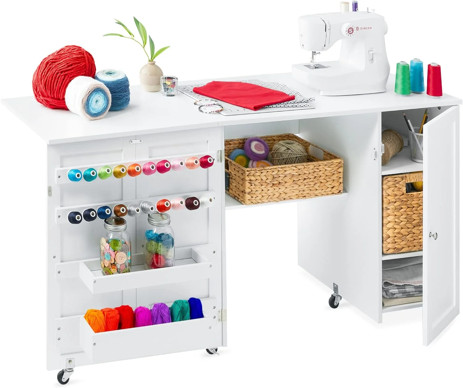 SHSHSIO Large Folding Sewing Table, Multipurpose Portable Craft Station & Side Desk w/Compact Design, Caster Wheels, Storage Shelves, 2 Storage Trays, Magnetic Doors - White