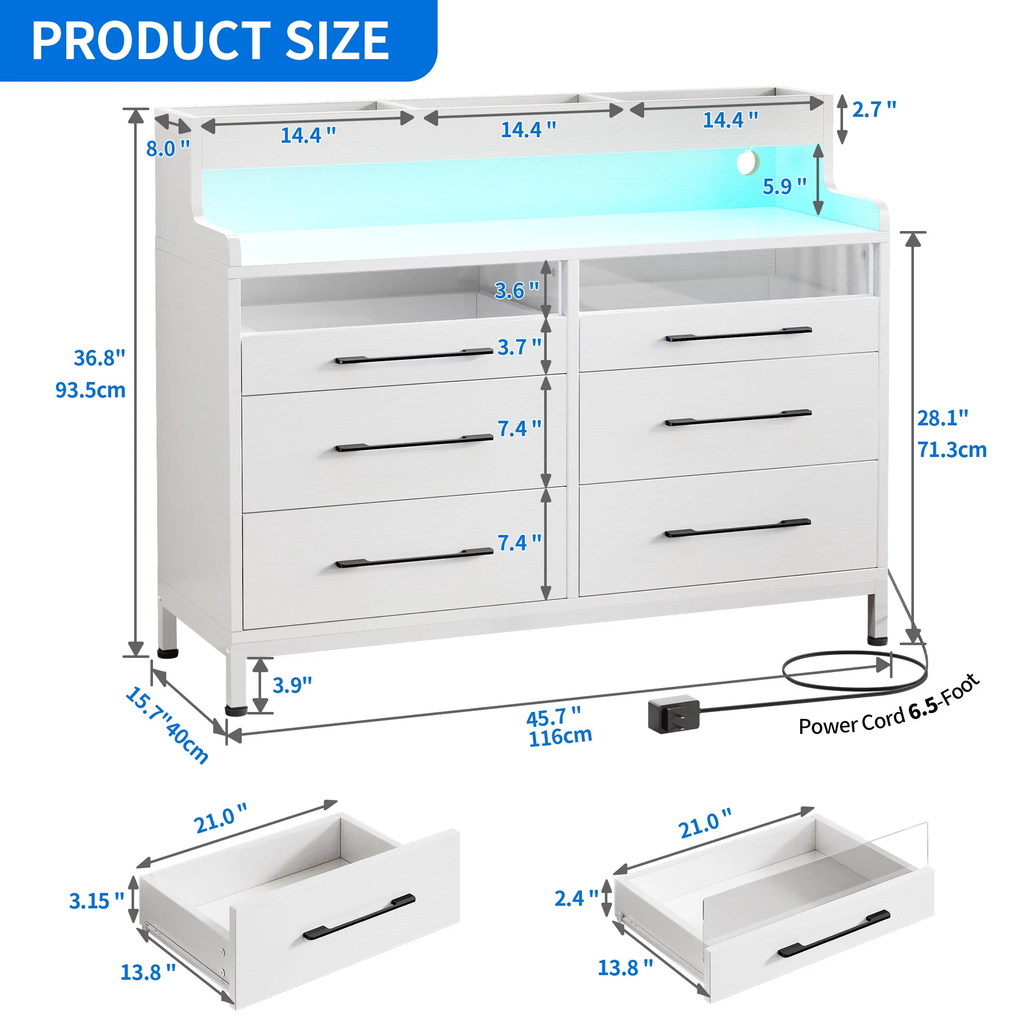 Dextrus 6 Drawer Dresser for Bedroom, Double Dressers & Chests with LED Light & Open Storage, Modern Chest Organizer for Bedroom, Living Room, Entryway, Hallway, White