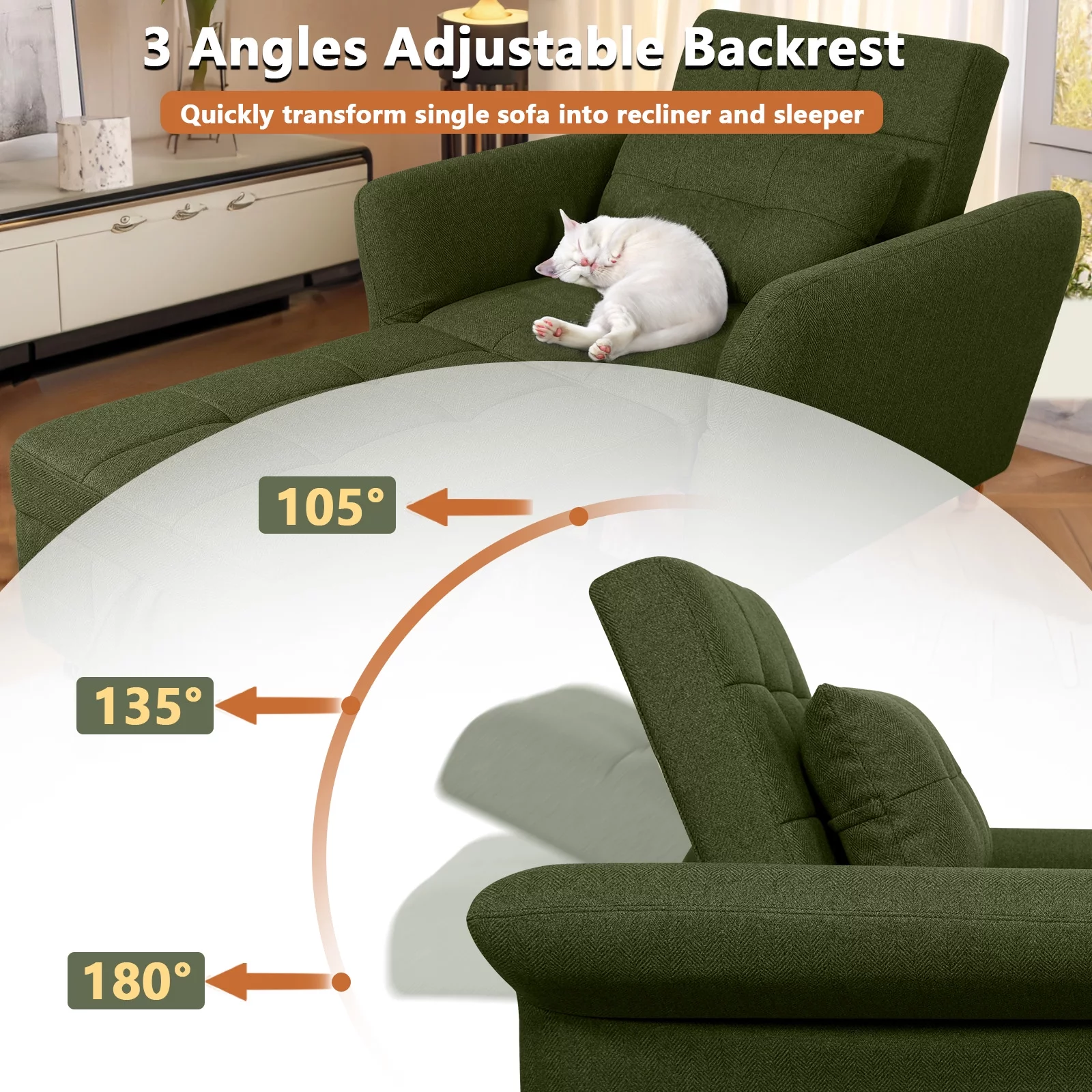 NOBLEMOOD 3-in-1 Sleeper Sofa w/ Adjustable Armrests,Pull Out Convertible Sofa Bed w/ 3 Level Adjustable Backrest & Thickened Pillow for Living Room or Apartment, Green