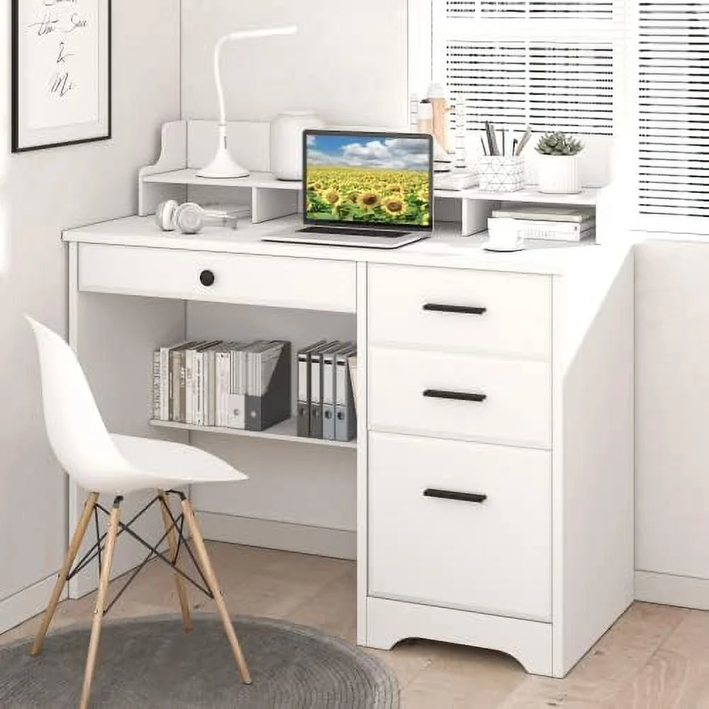 KHBIULIFE Computer Desk with Drawers and Hutch   Farmhouse Home Office Desk with  Drawers  PC Laptop Workstation Wood Computer Table Writing Study Desk Wooden Desk for Home Office Bedroom