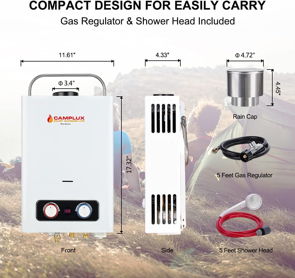 Portable Tankless Water Heater, Camplux 1.58 GPM Outdoor Propane Hot Water Heater with S/S Rain Cap