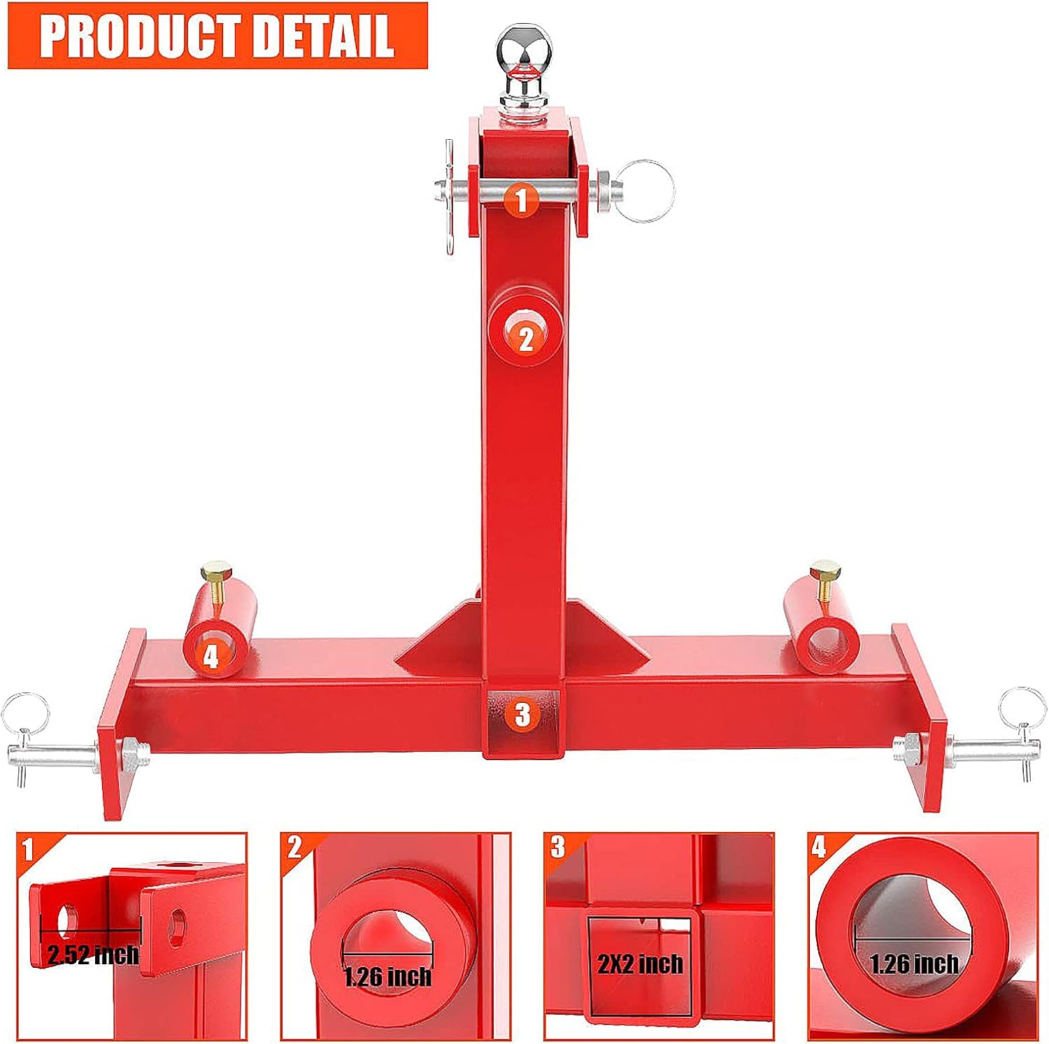 Sulythw 49” Hay Bale Spear 3 Point Trailer Hitch with 2" Receivers for Category 1 Tractors with 2 x 17” Stabilizer Spears 3000lbs Capacity & 1-7/8'' Trailer Ball Gooseneck Drawbar