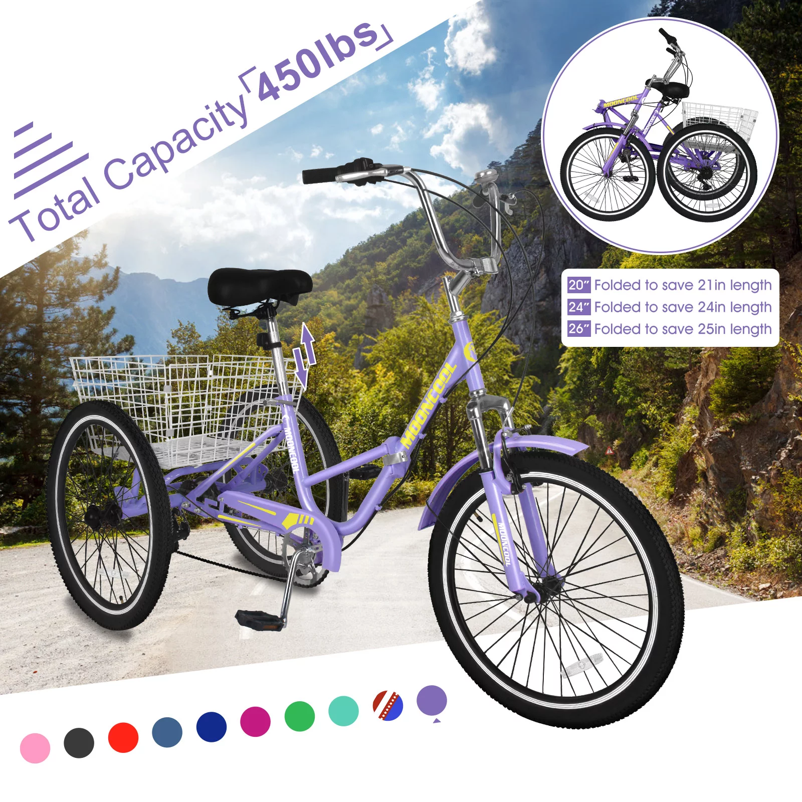 LILYPELLE 24 Adult Tricycle 7 Speed, Three Wheel Bikes for Adults 400lbs,Low-Step Through Trike Cruiser for Exercise Shopping Outdoor Activities,Cyan