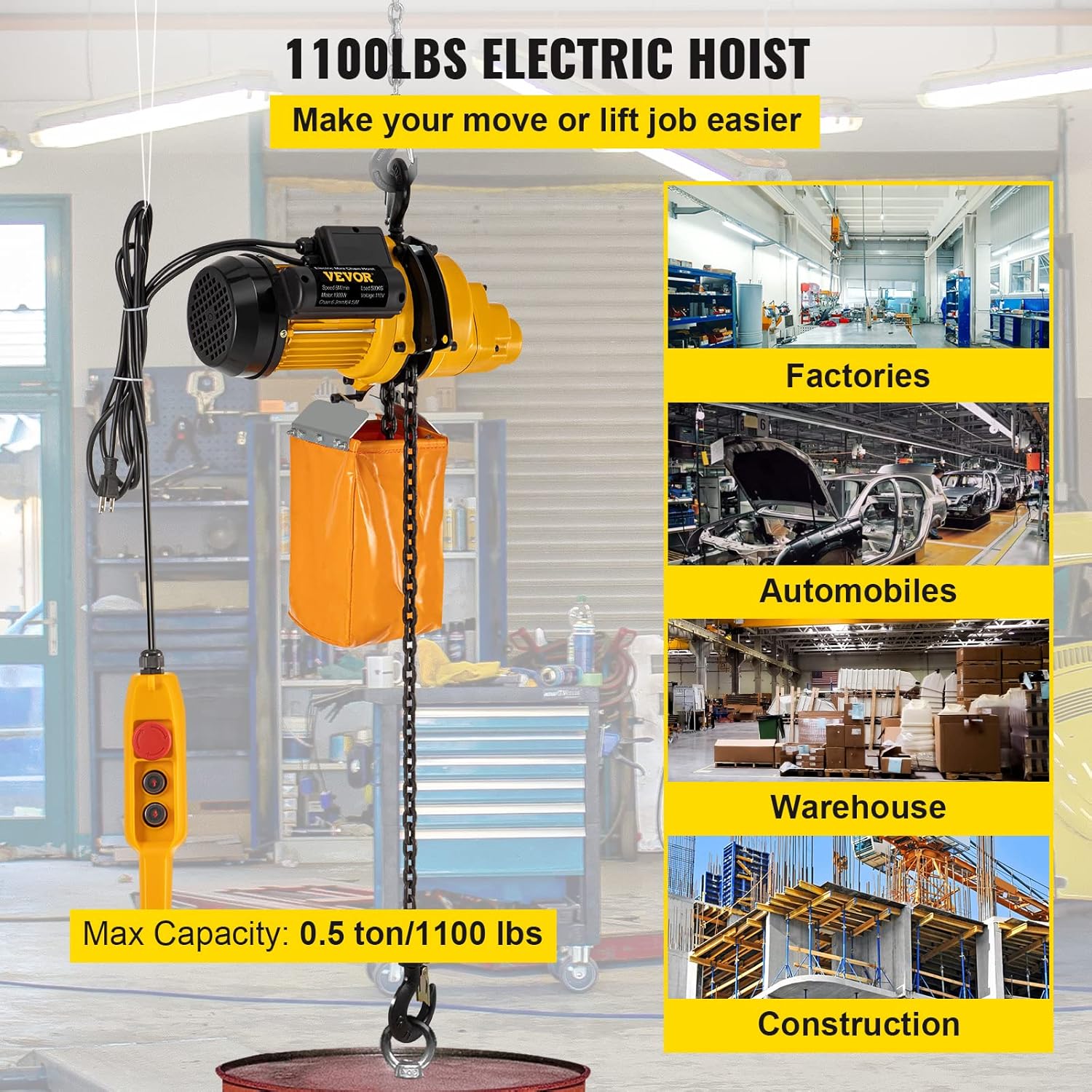 VEVOR Electric Chain Hoist, 1100lbs Winch with 10FT Wired Remote Control, 110V Overhead Crane Garage Ceiling Pulley, 1300W Lifting Power System w/Emergency Stop Switch, 15 Feet Max. Pulling Height