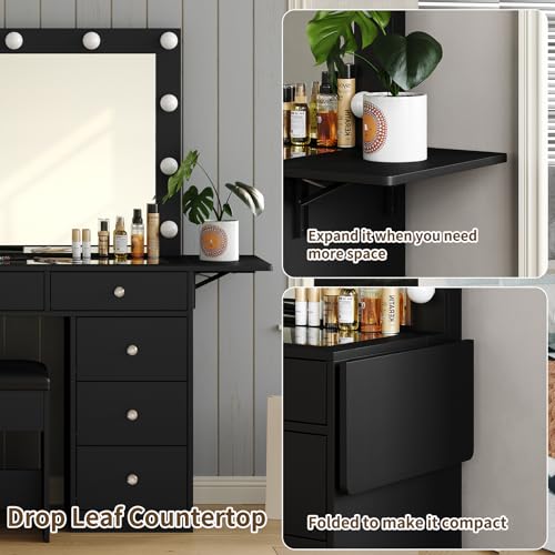 Vanity Desk with Power Outlet, 9 Drawers Makeup Vanity with Mirror and 12 LED Lights, 3 Lighting Modes, Glass Top Vanity Set, Fold-up Panel, Dressing Table for Bedroom