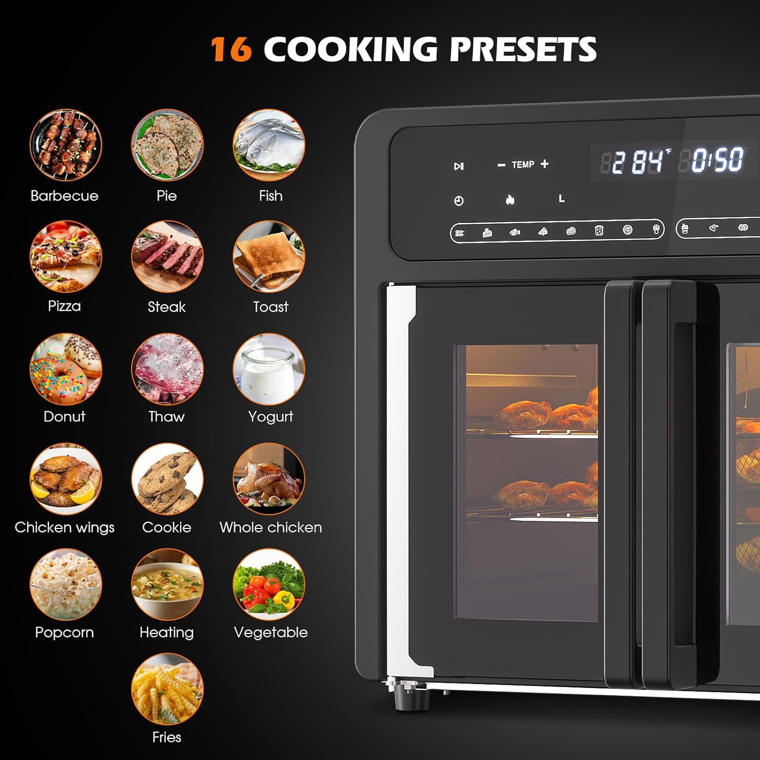 Toaster Oven Countertop, 360 Convection Oven with French Door, Digital Fryer Ovens, 16-In-1 Cooking Preset, Dual-Zone, 26L Large Size, Black