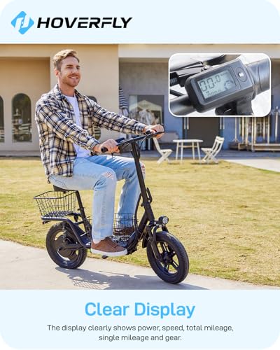 Hoverfly 14" Electric Scooter with Seat Adult, 550W/750W Peak Motor, 18.6/25 Miles Range, 15.5/22Mph Max Speed, Height-Adjustable Comfort Seat, Commuter Escooter with Carry Basket&Accessories
