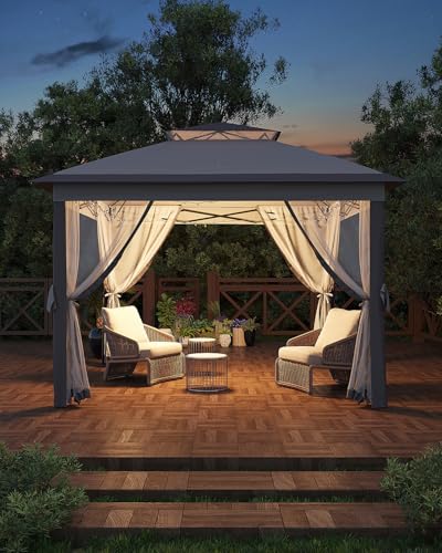 11x11 Pop Up Gazebo Tent with Mosquito Netting, Outdoor Canopy Shelter Easy Setup, Water & UV Resistant - Khaki