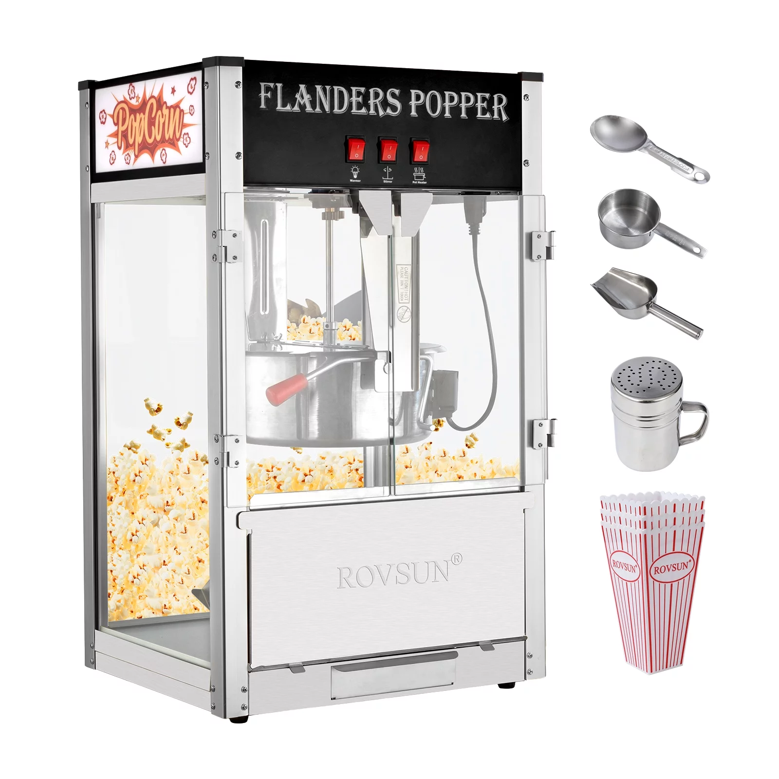 ROVSUN Popcorn Machine with 16 Ounce Kettle, Countertop Popcorn Maker Commercial Popcorn Machine w/ Stainless Steel Scoop, Oil Spoon & 3 Popcorn Cups for Home Movie Theater, Black