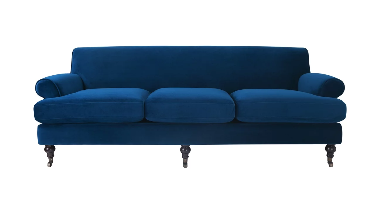 Jennifer Taylor Home Alana Lawson Recessed Arm Sofa Metal Casters, Navy Blue