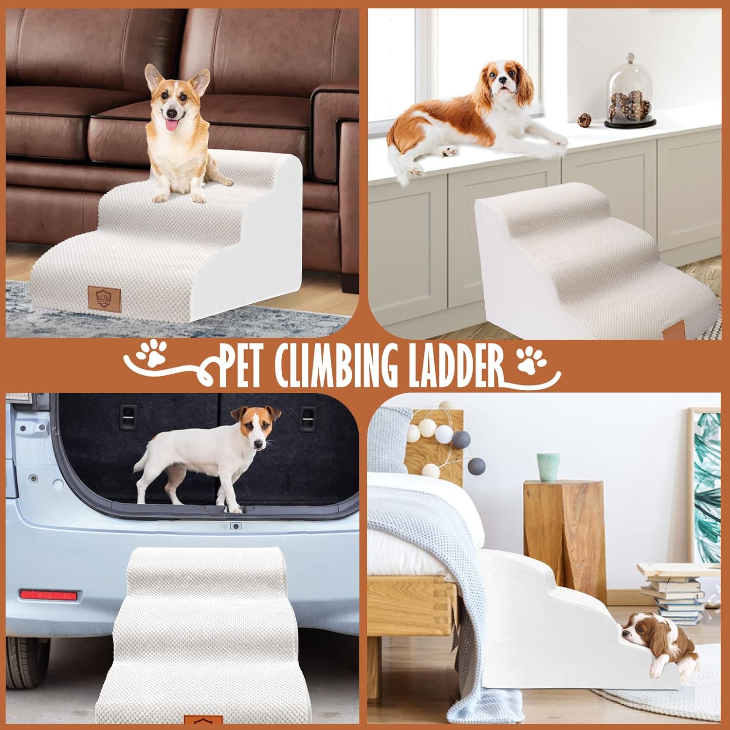 High Density Foam Pet Stairs,3 Tiers Pet Steps, Non-Slip Dog Ramps with Removable Cover,15.7 Inch High Dog Ladder,Best for Short Legs,Injured Dogs&Cats ,White,Send a Pet Hair Remover Roller