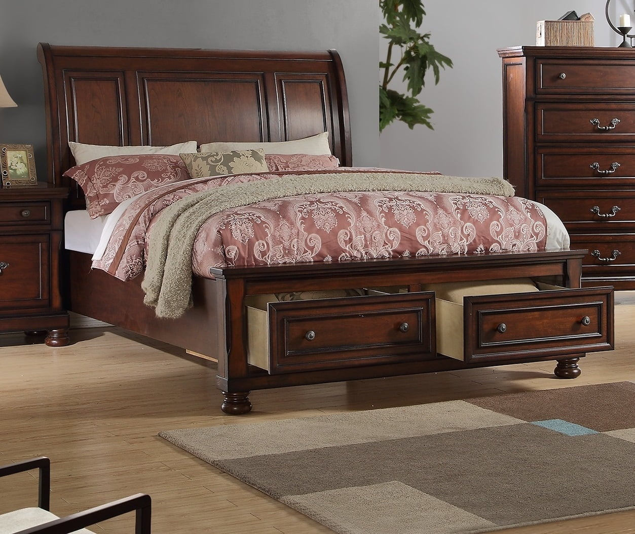 Antique Sleigh HB Storage FB Bed Bedroom Cherry Veneer Wooden 1pc Queen Size Bed MDF Pine Formal Bedframe