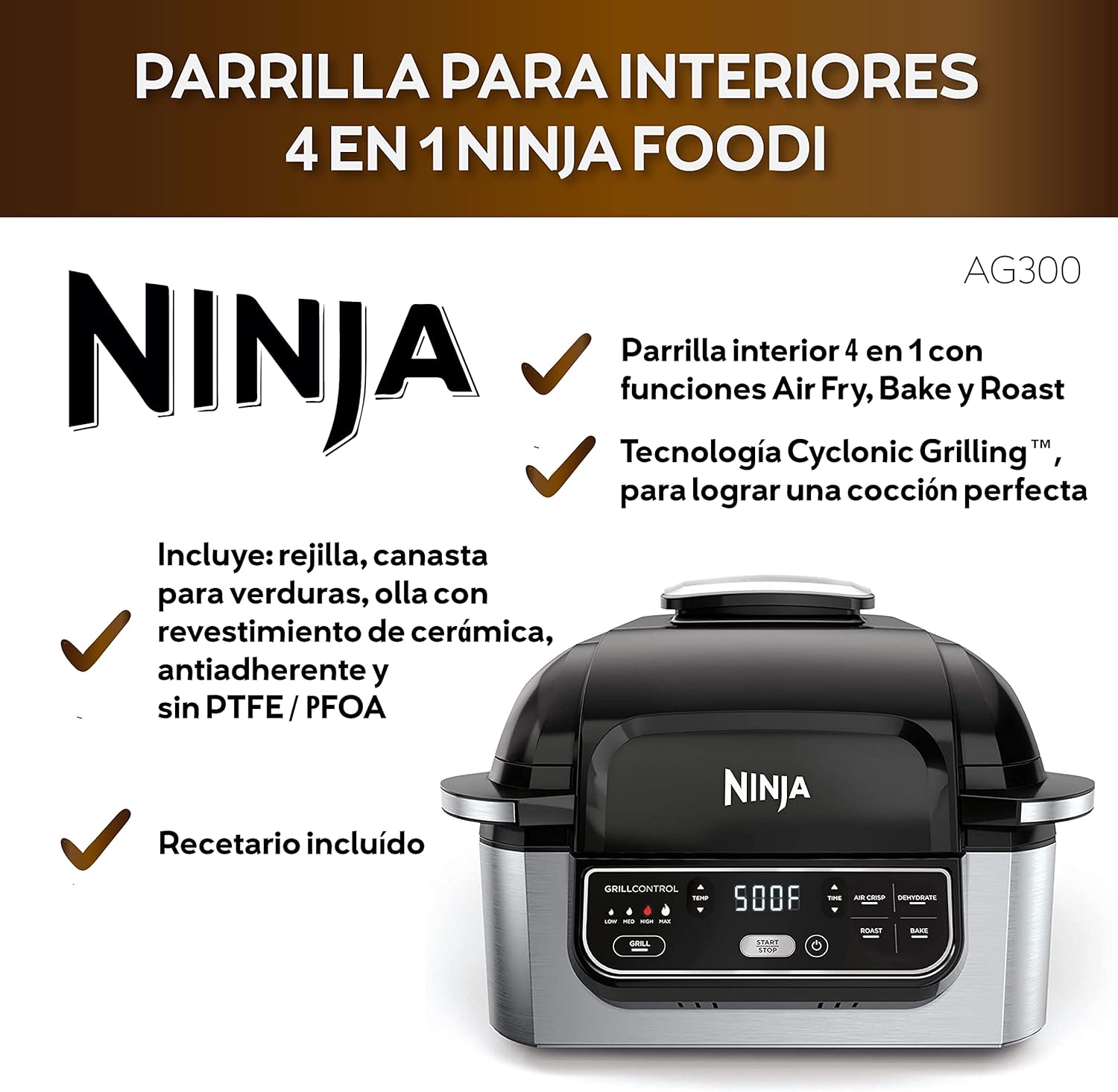 Ninja AG300 4-in-1 Indoor Grill with 4-Quart Air Fryer with Roast, Bake, and Cyclonic Grilling Technology