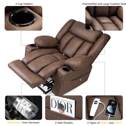 Large Power Lift Chairs Recliners for Elderly with Heated and Massage, Overstuffed Adjustable Lift Chairs, 3 Positions, Breathable Leather, USB-A and USB-C, Cup Holder, Side Pocket Dark Brown