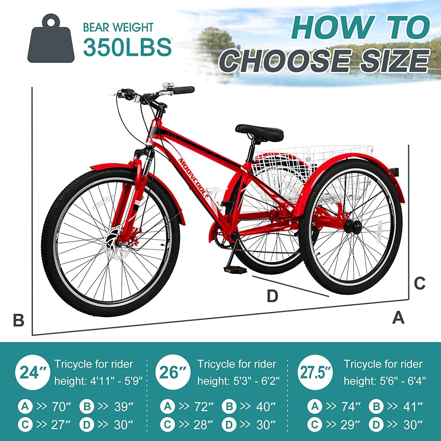 Lilypelle Adult Mountain Tricycle 24/26/27.5 Inch Low step through Mountain Bike Cruiser Trikes for Adults 7 Speed Three Wheel Trike Bike Bicycle with Large Basket