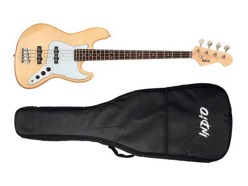 Monoprice Electric Bass - Natural with Gig Bag, Flamed Maple - Indio Jamm