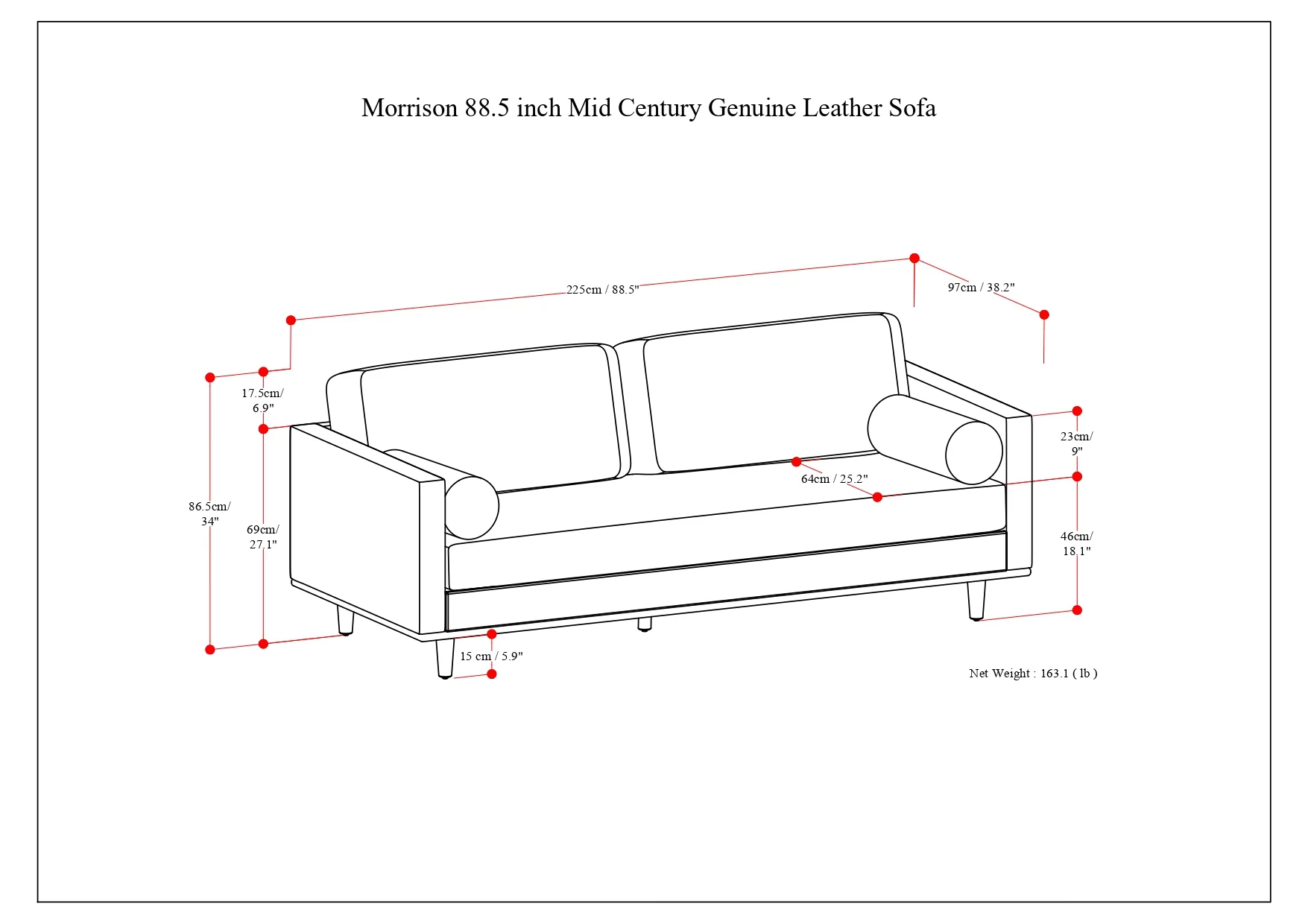 Simpli Home Morrison Mid-Century Modern 89 inch Wide Sofa in Sienna Genuine Leather