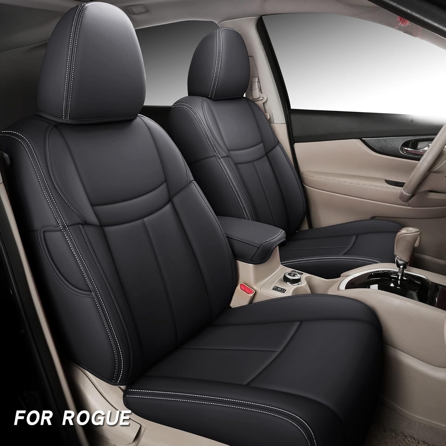 Isen-CoverAuto Full Coverage Faux Leather Custom Car Seat Covers Full Set Fit for 2014 2015 2016 2017 2018 2019 2020 Nissan Rogue ((Not for Sport) Beige)