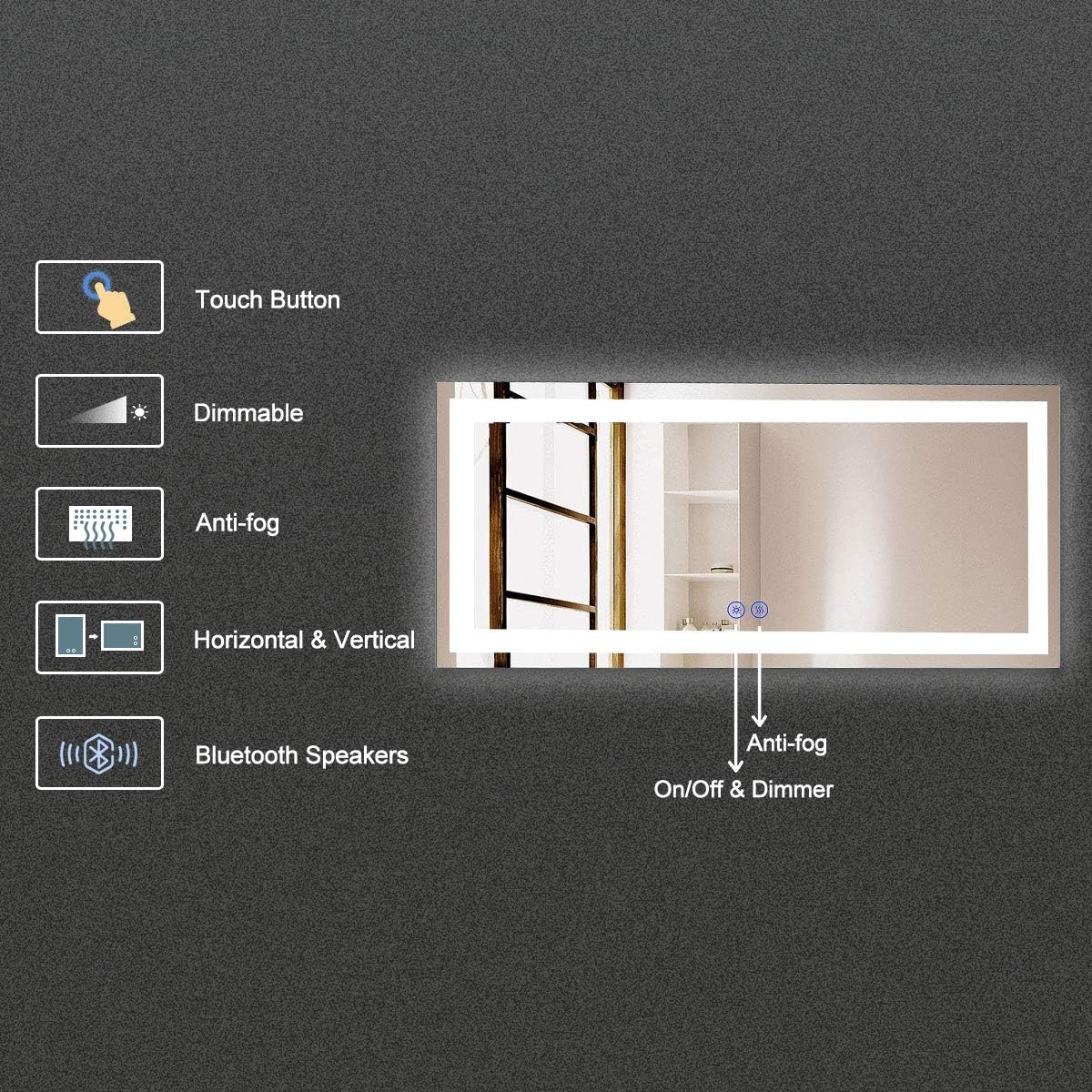 BHBL 60 x 36 Inch Illuminated LED Bathroom Mirror with Smart Button, Anti Fog, Dimmable, Bluetooth Speakers, Vertical & Horizontal Mount, Hotel Office Bar Mirror (D224-6036A)